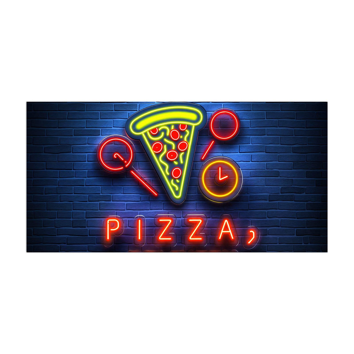 Küchenrückwand aus Glas Pizza in Neonlicht im Hochformat, Motiv bildfüllend von vorn