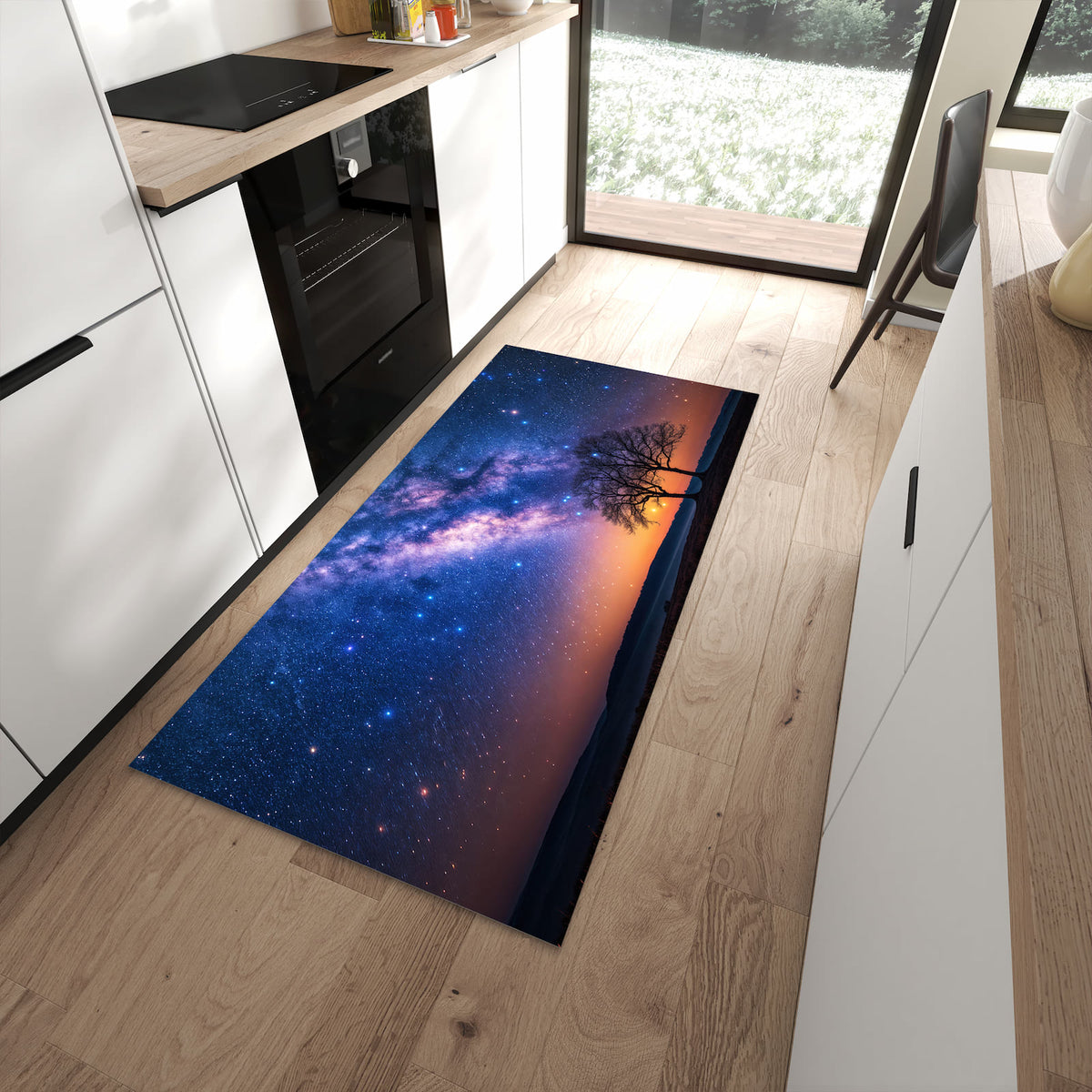 Bodenschonender rutschfester Küchenläufer mit Motiv Sternenhimmel Baum in moderner Küche