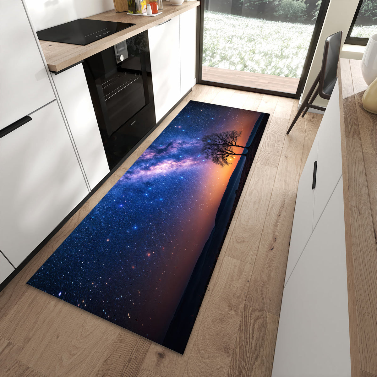 Farbbeständiger Küchenläufer mit Motiv Sternenhimmel Baum in moderner Küche