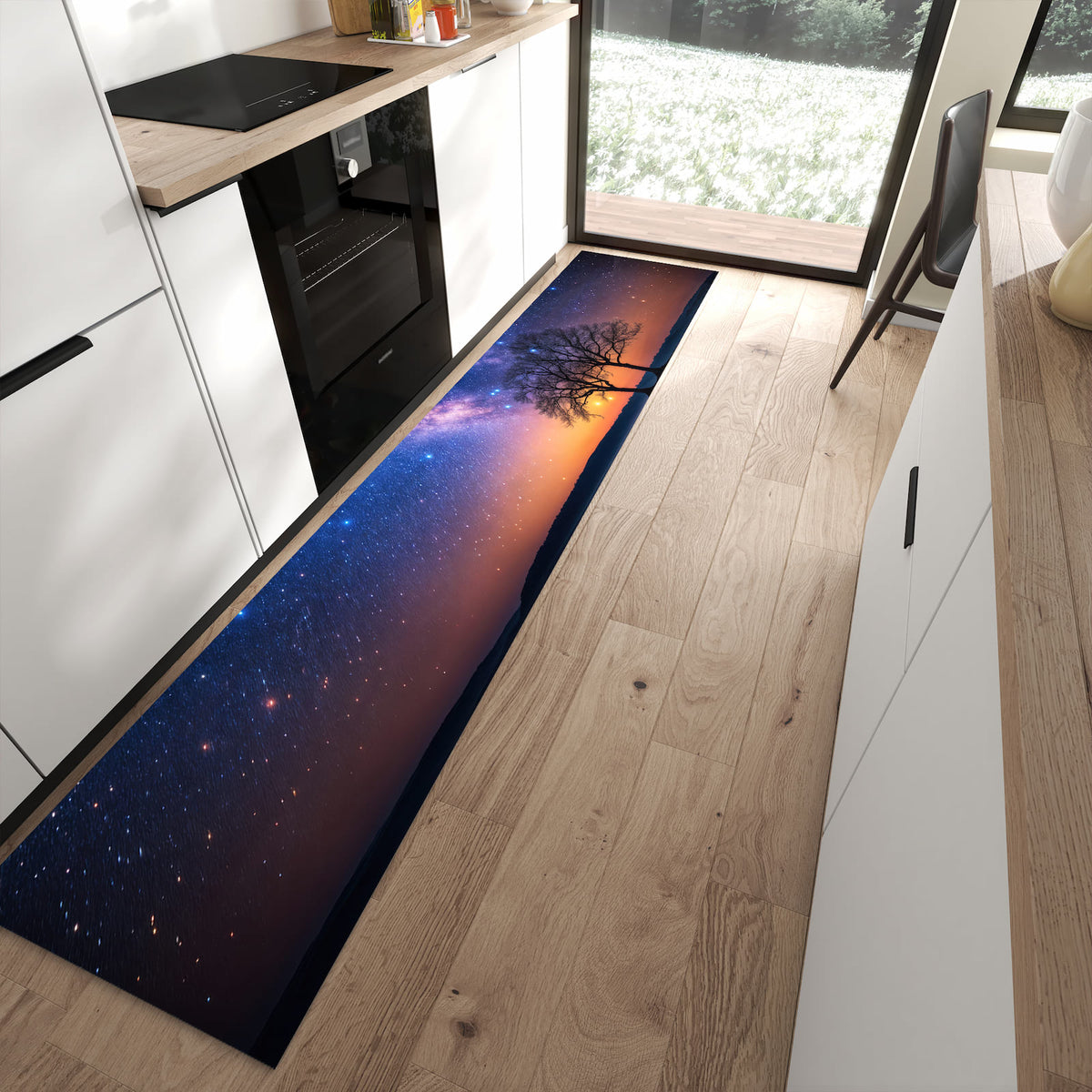 Waschbarer Küchenläufer mit Motiv Sternenhimmel Baum in moderner Küche