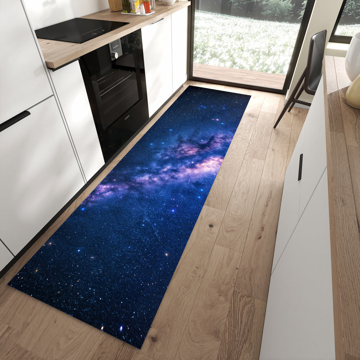 Bodenschonender rutschfester Küchenläufer mit Motiv Sternenhimmel Baum in moderner Küche