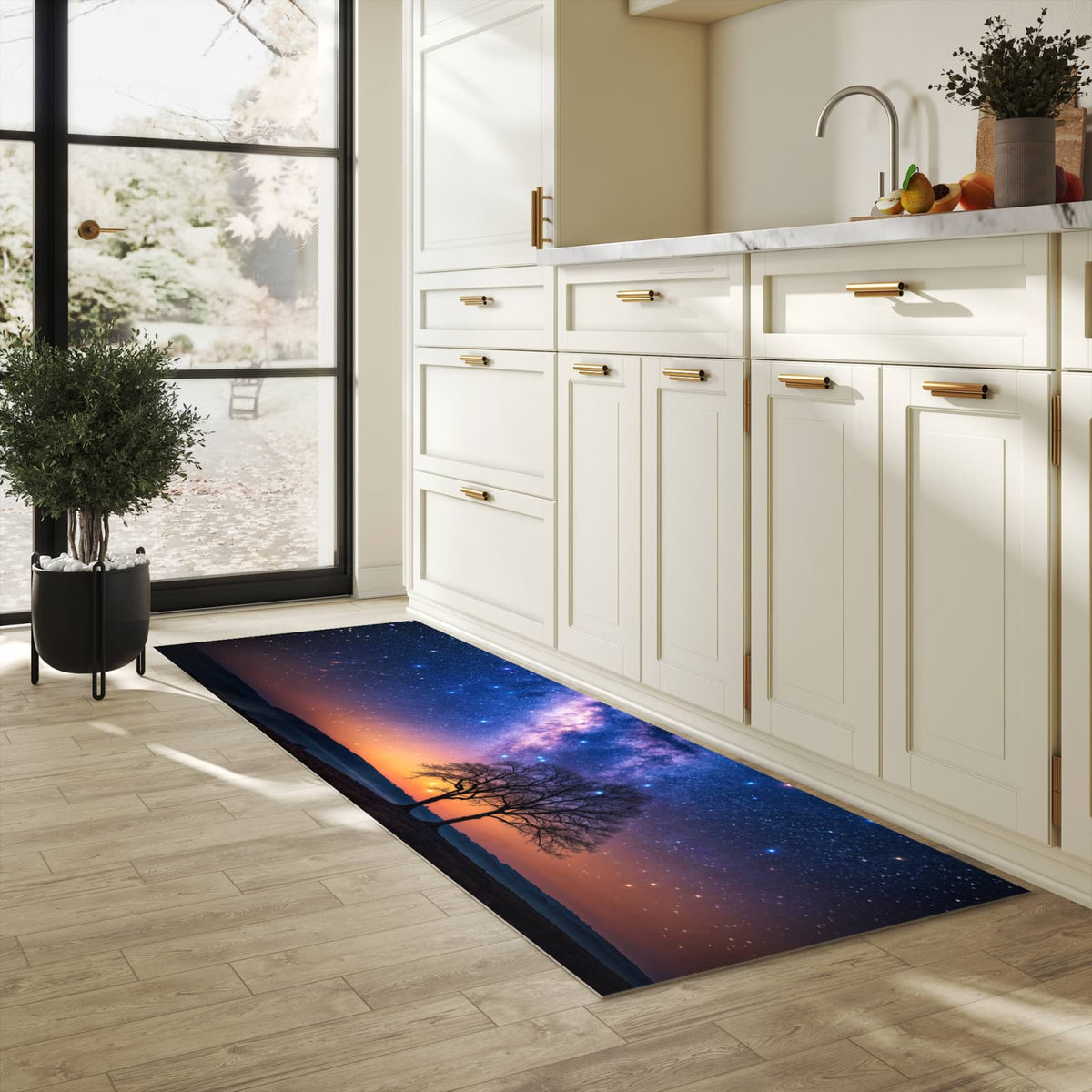 Pflegeleichter dünner Teppich mit Motiv Sternenhimmel Baum in heller Küche
