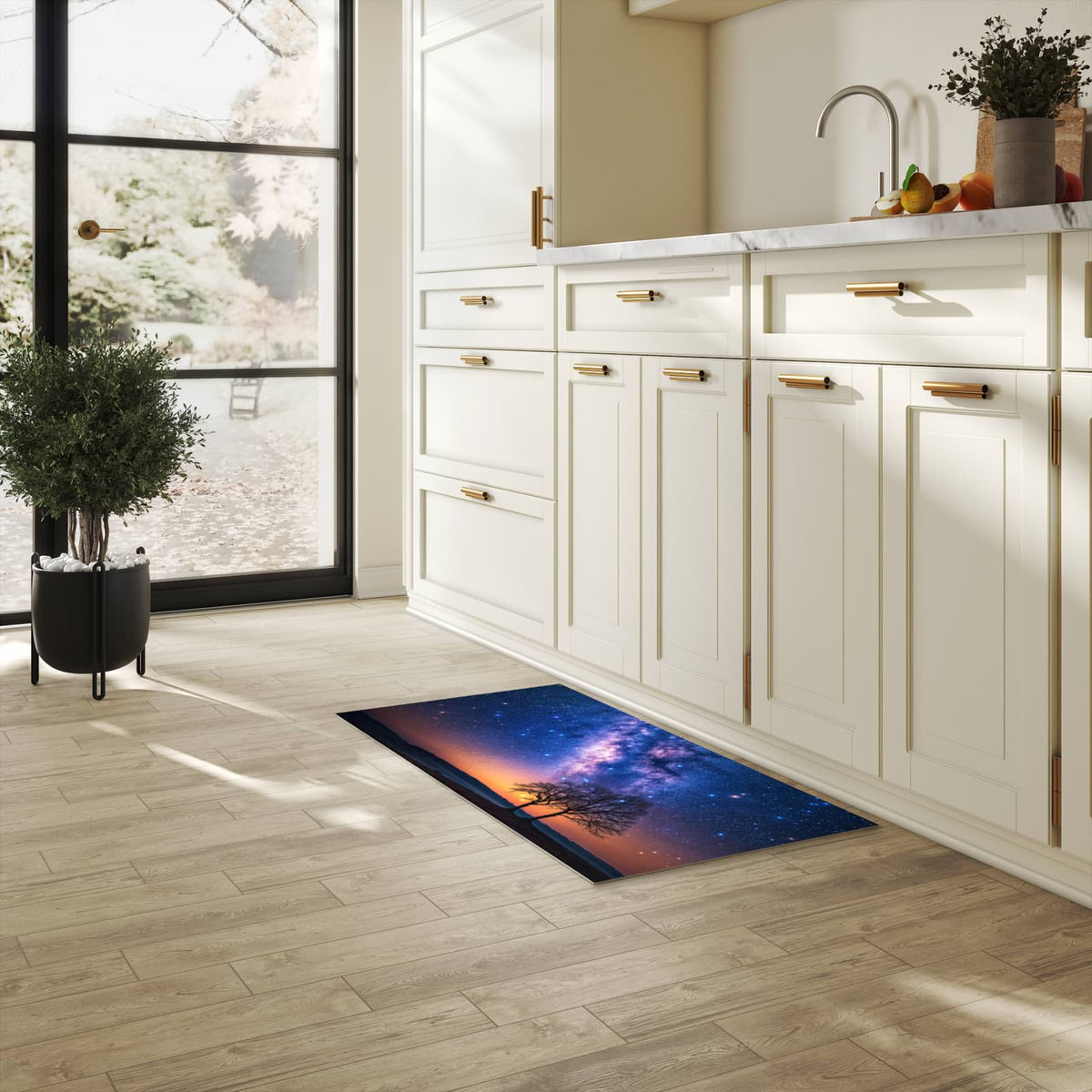UV-beständiger Küchenläufer mit Motiv Sternenhimmel Baum in heller Küche
