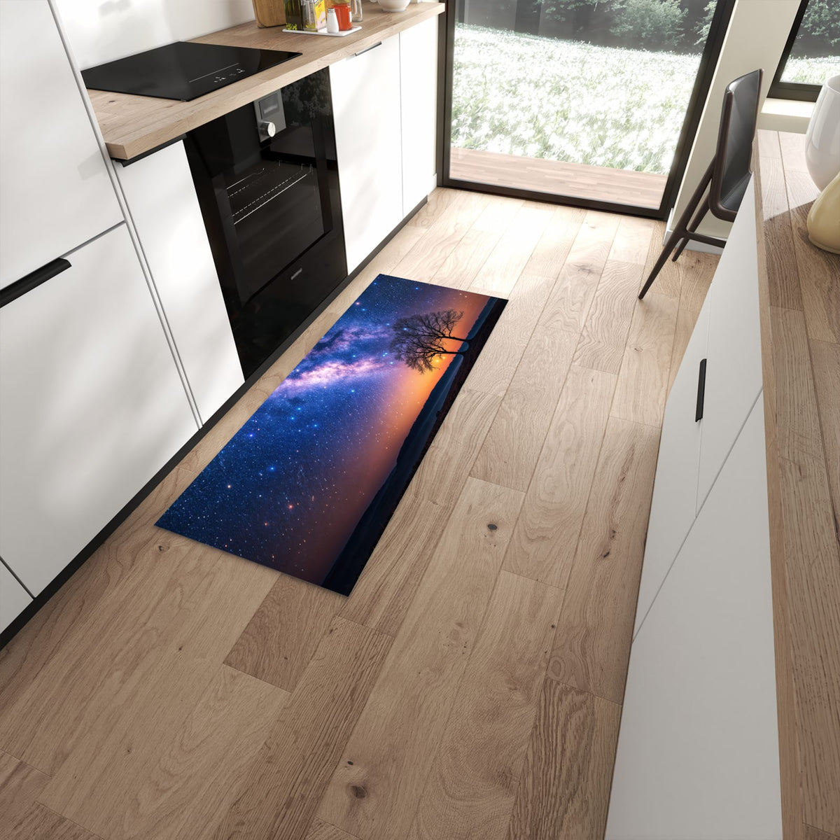 Pflegeleichter großer Küchenteppich mit Motiv Sternenhimmel Baum in moderner Küche #grösse_60 x 150 cm
