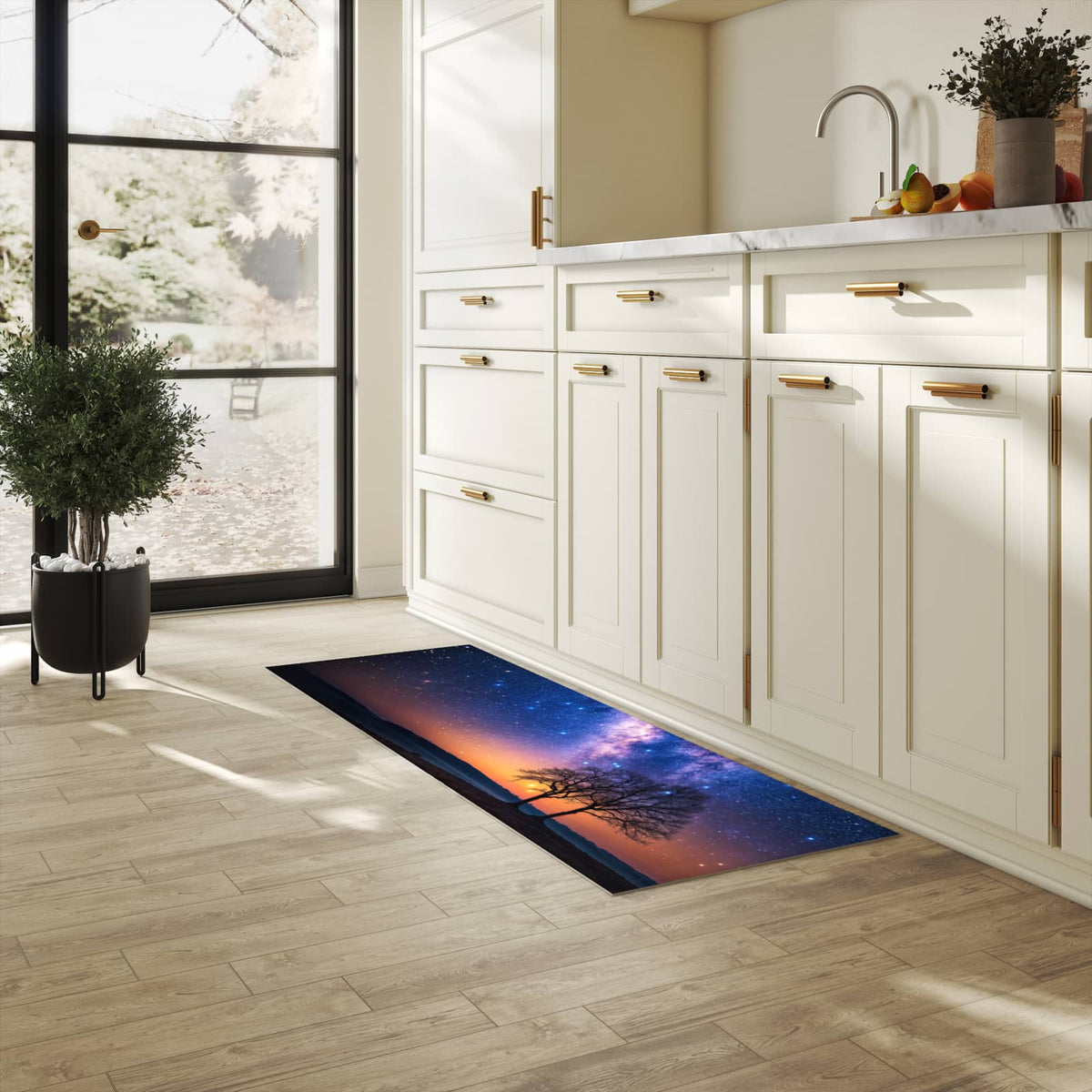 Wasserabweisender Teppichläufer mit Motiv Sternenhimmel Baum in heller Küche