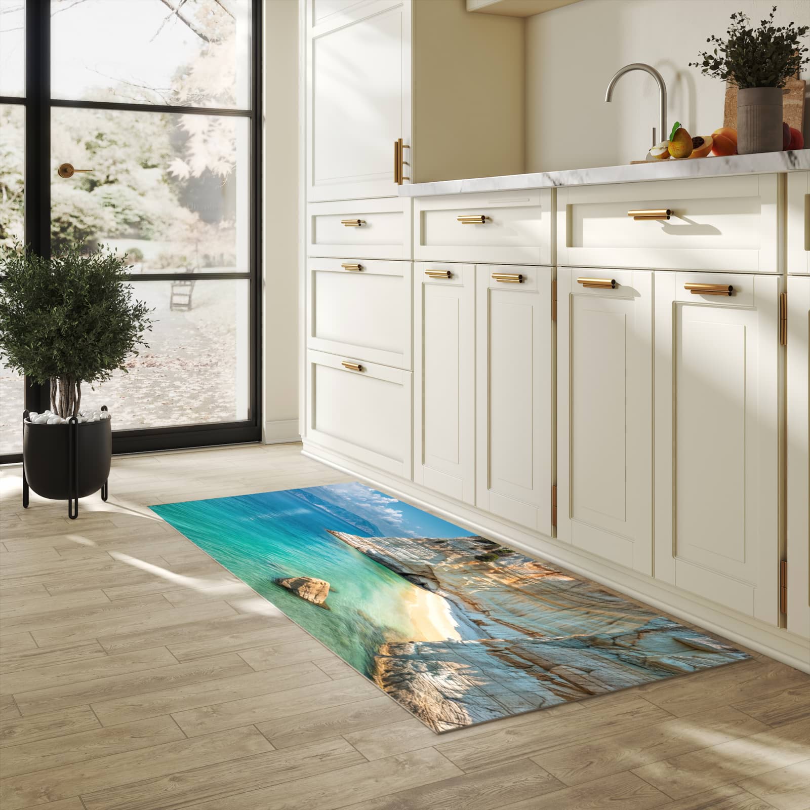 Farbbeständiger Läufer für die Küche mit Motiv Küstenparadies in heller Küche