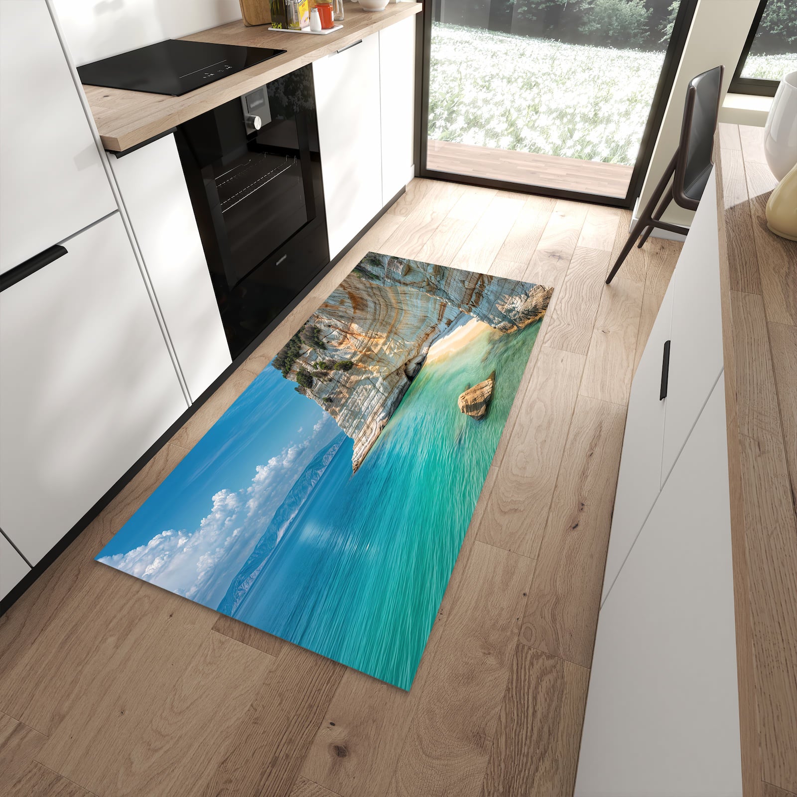 Pflegeleichter Küchenteppich mit Motiv Küstenparadies in moderner Küche