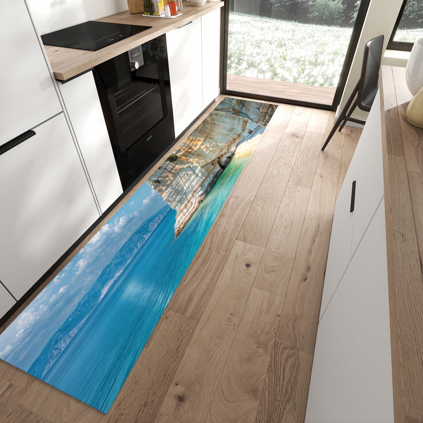 Wasserabweisender Bodenläufer mit Motiv Küstenparadies in moderner Küche