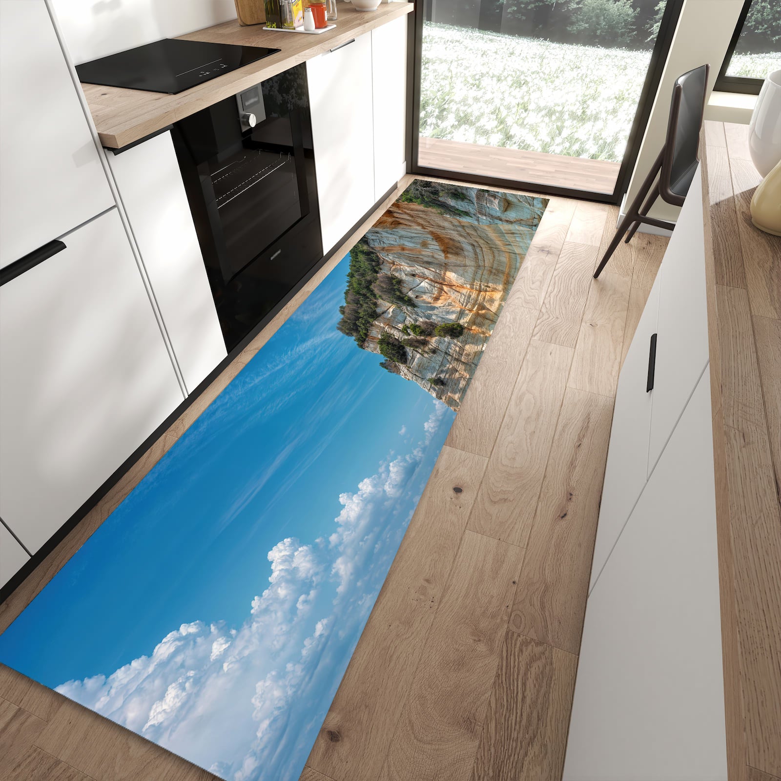 Flacher Küchenteppich mit Motiv Küstenparadies in moderner Küche für rutschfesten Stand