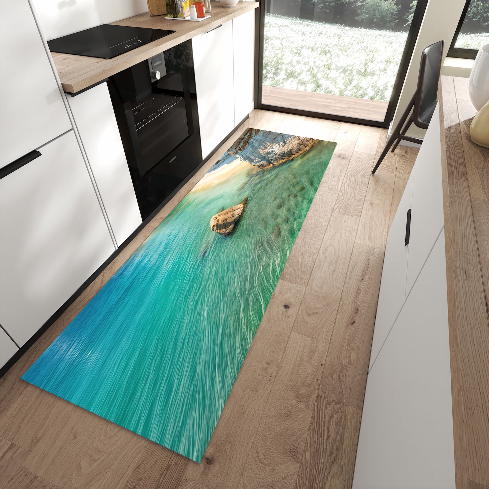 Geruchsneutraler waschbarer Küchenteppich mit Motiv Küstenparadies in moderner Küche