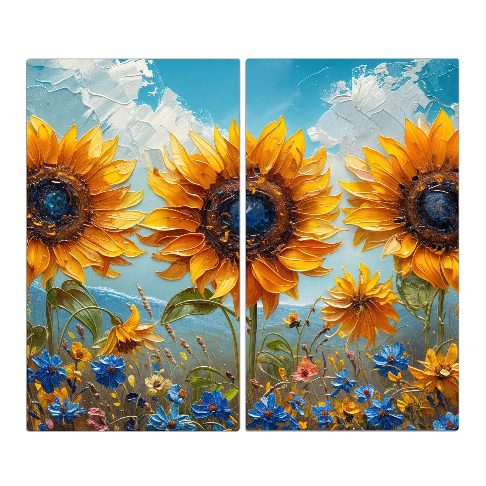 2-teilige Herdabdeckplatten mit Sonnenblumenwiese-Motiv in der Frontansicht #grösse_2-Teilig (60x52cm)
