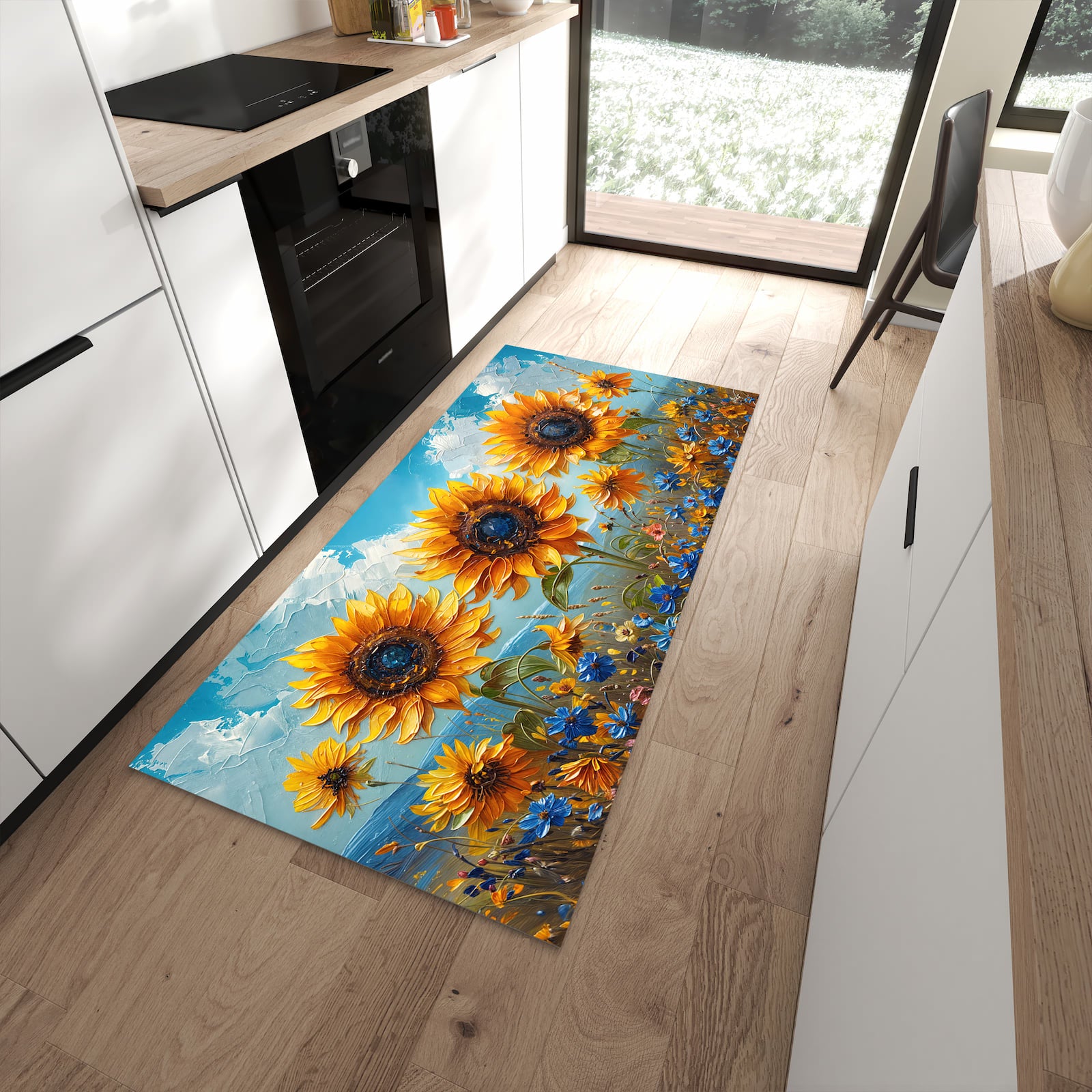 Formstabiler Läufer mit Motiv Sonnenblumenwiese in moderner Küche für rutschfesten Stand
