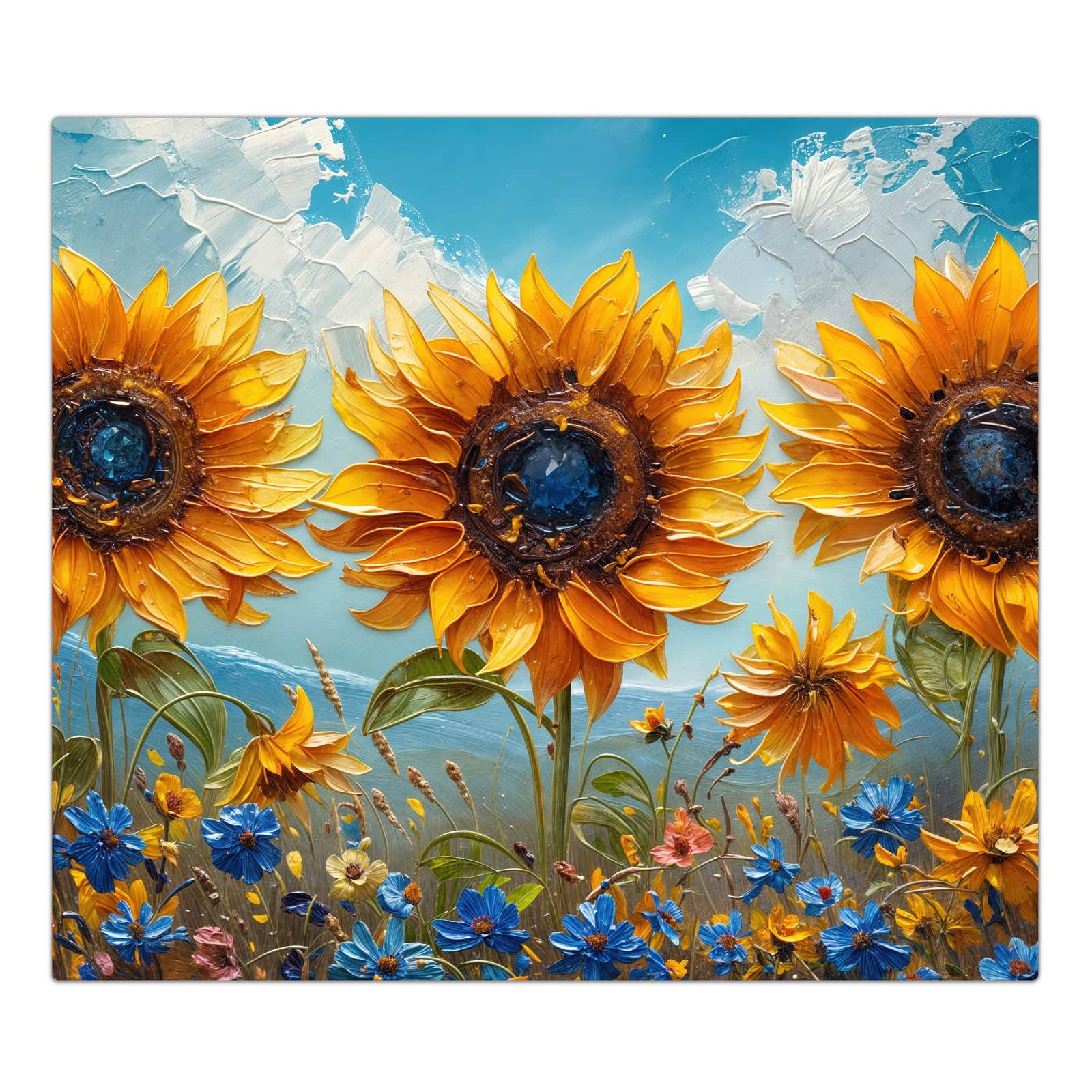 1-teilige Herdabdeckplatte aus Glas mit Sonnenblumenwiese-Motiv in der Frontansicht #grösse_1-Teilig (60x52cm)