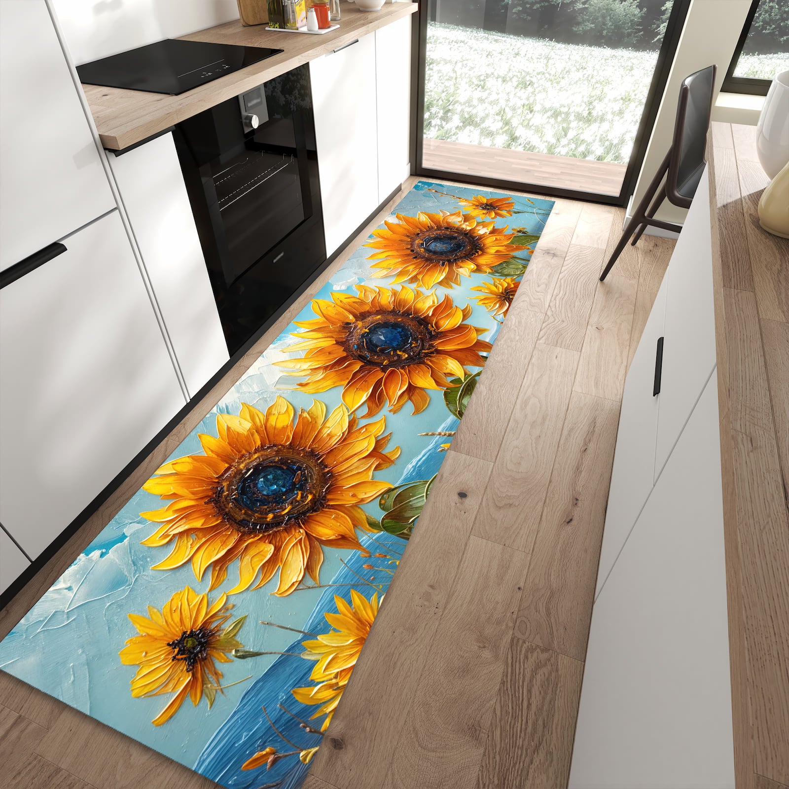 Farbbeständiger Läufer für den Eingangsbereich mit Motiv Sonnenblumenwiese in moderner Küche