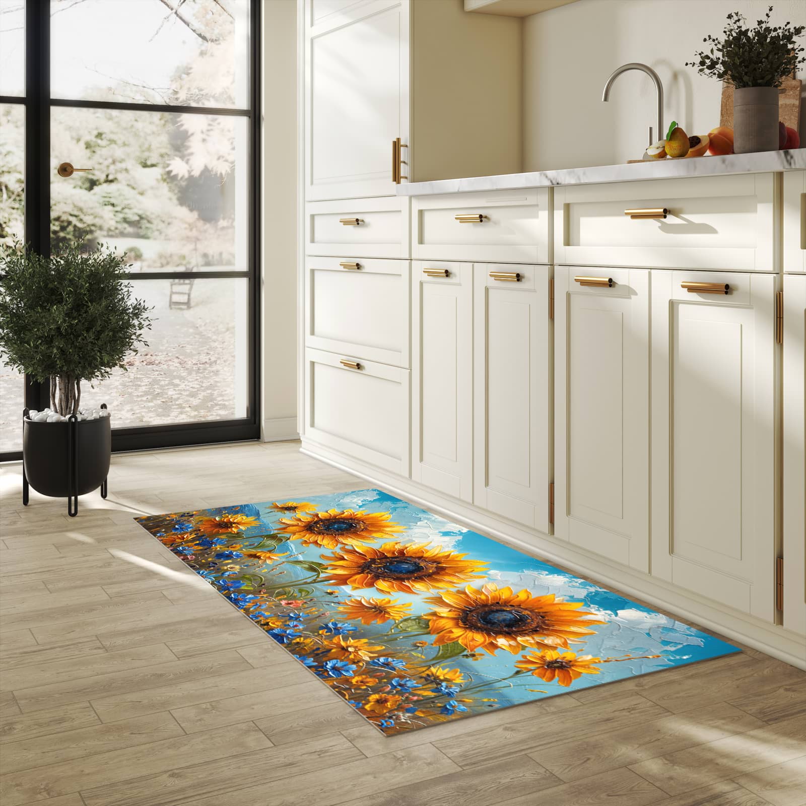 Hygienischer Küchenteppich mit Motiv Sonnenblumenwiese in heller Küche - abwaschbar