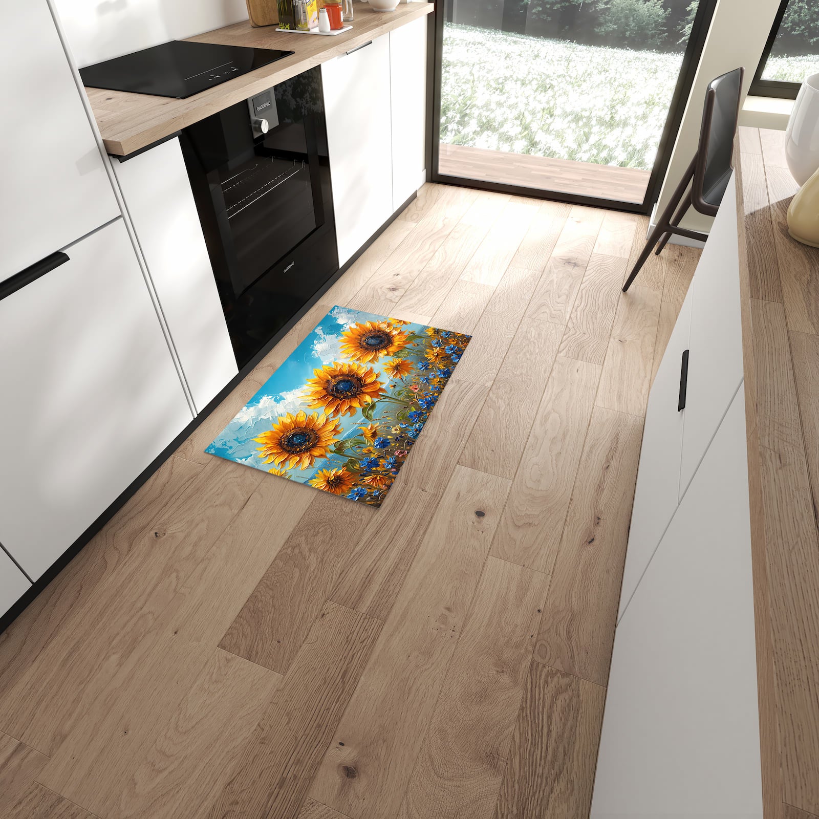 Feuchtigkeitsresistenter Teppichläufer mit Motiv Sonnenblumenwiese in moderner Küche