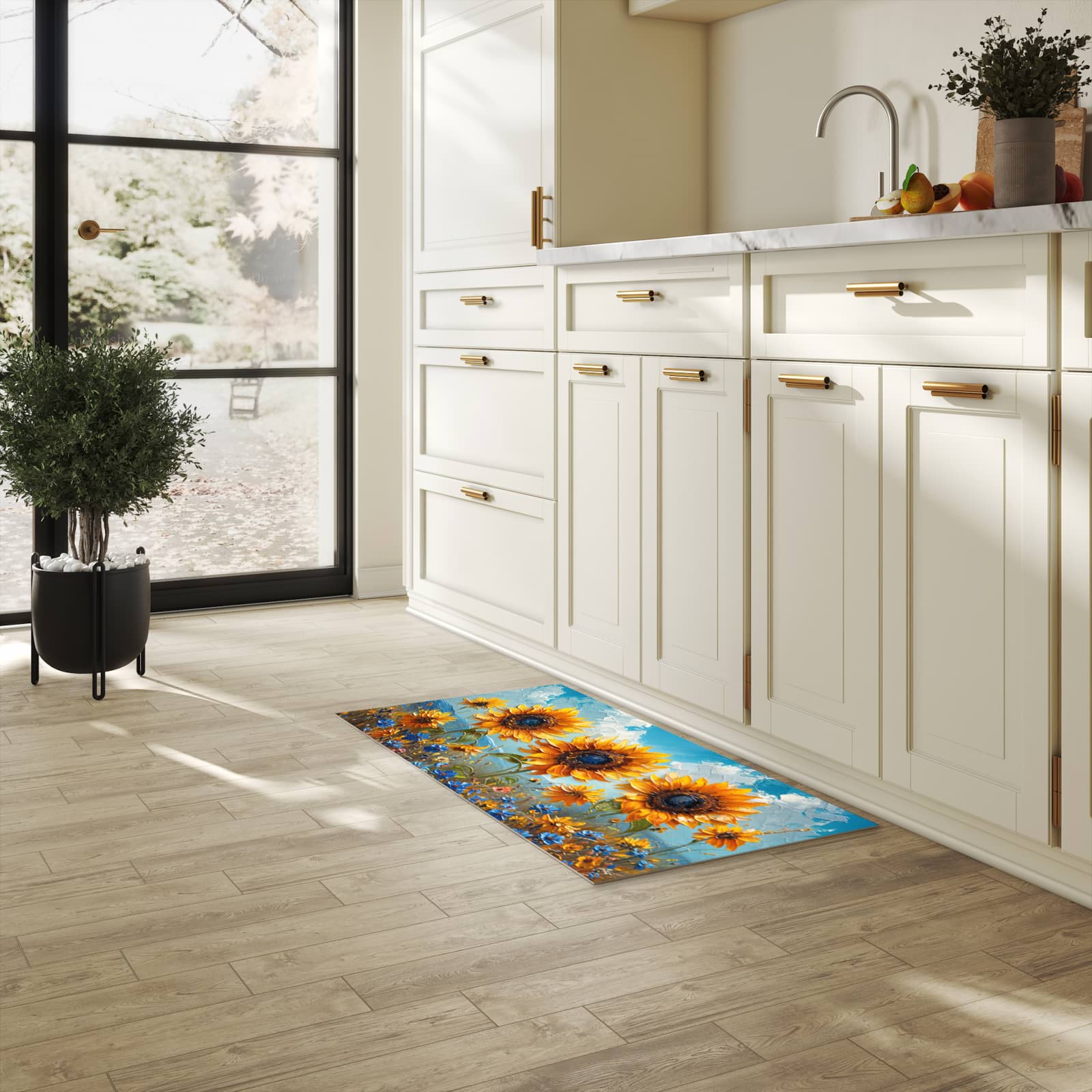 Wasserabweisender Küchenläufer mit Motiv Sonnenblumenwiese in heller Küche