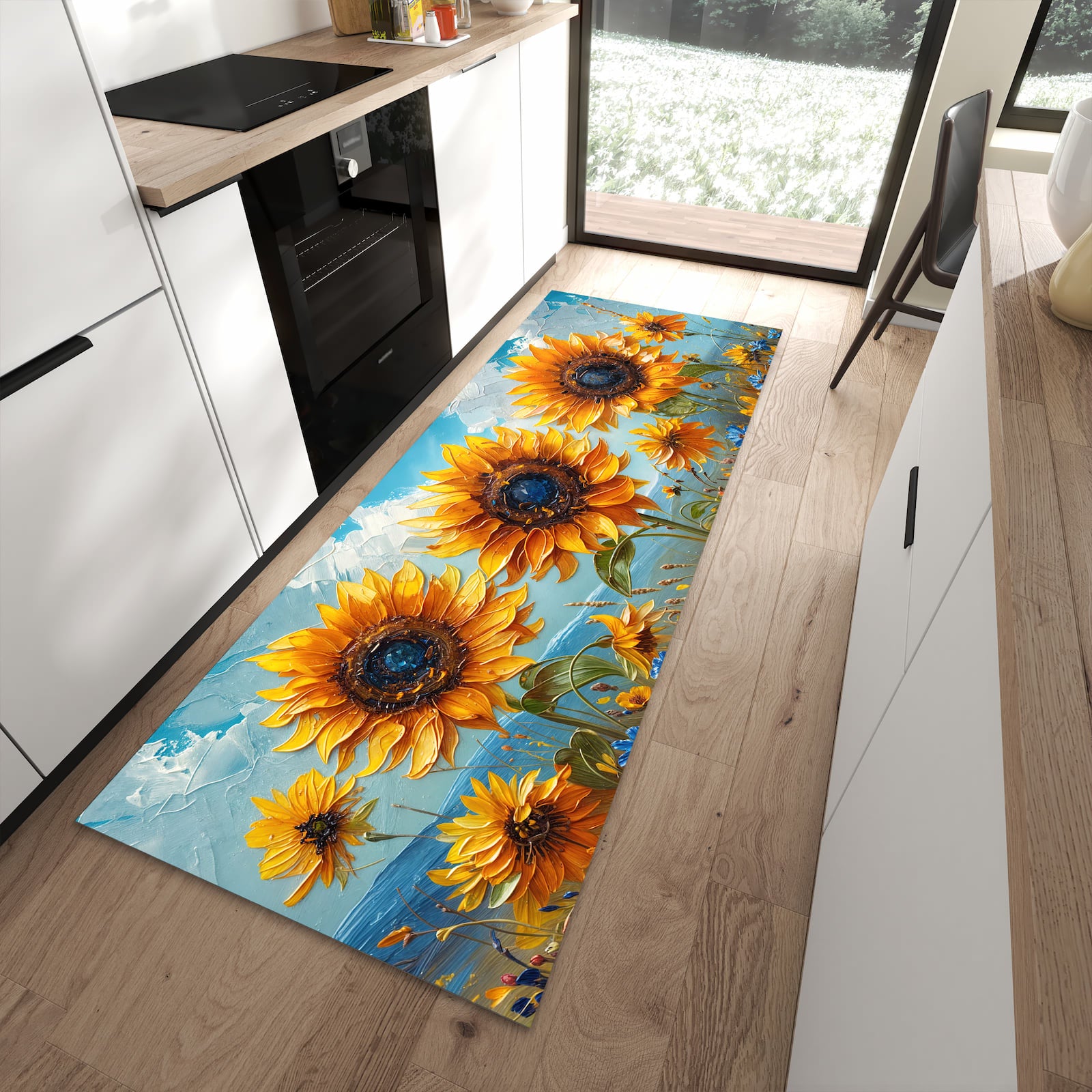 Dünner Küchenteppich mit Motiv Sonnenblumenwiese in moderner Küche für sicheres Aufbewahren