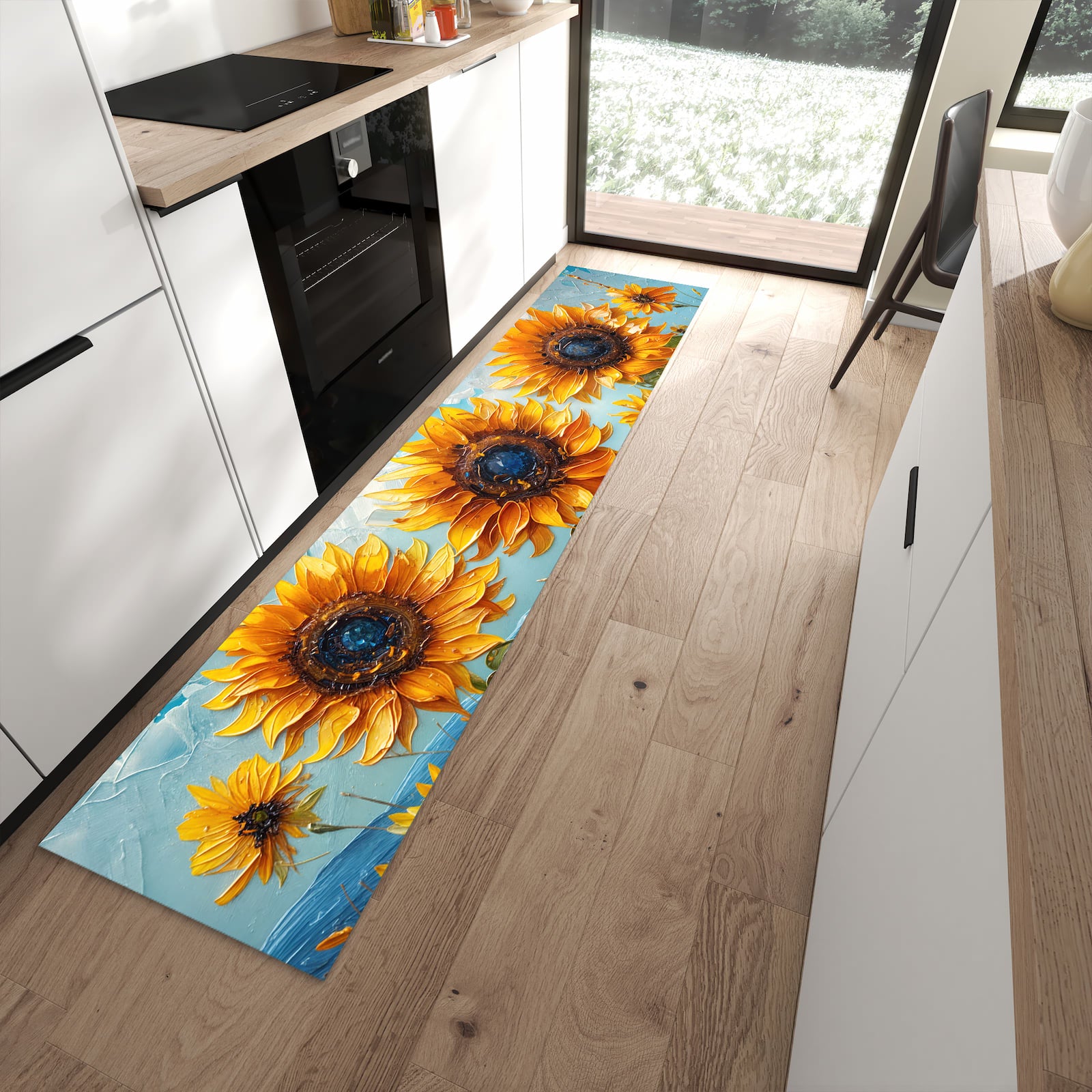 Langlebiger Küchenläufer mit Motiv Sonnenblumenwiese in moderner Küche