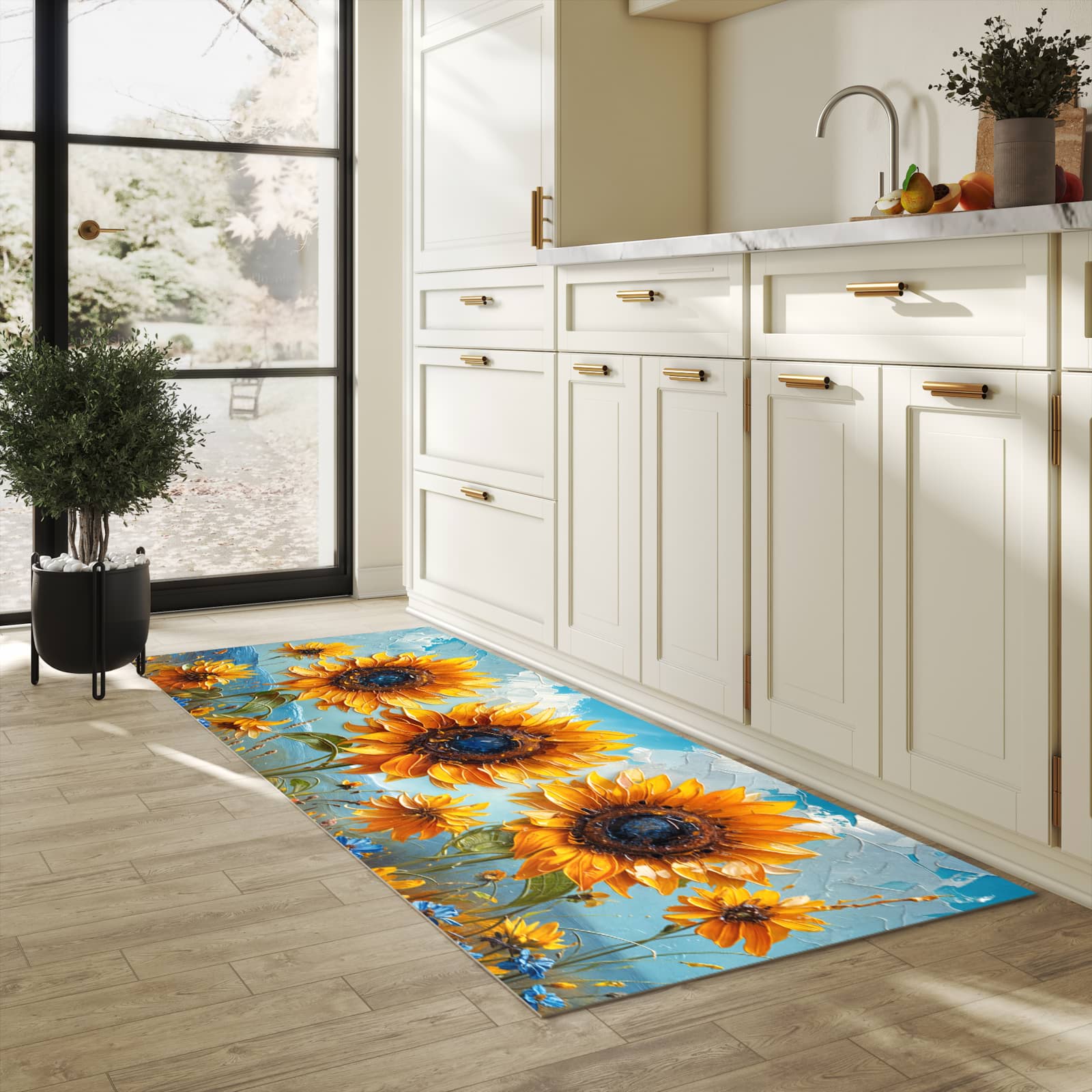 Strapazierfähiger Küchenteppich mit Motiv Sonnenblumenwiese in heller Küche