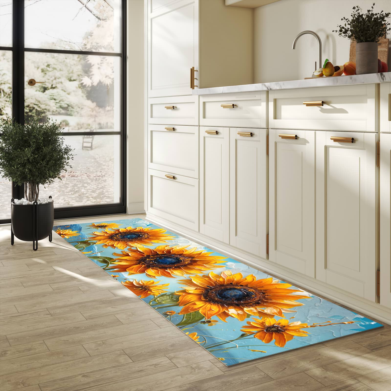 Pflegeleichter moderner Küchenläufer mit Motiv Sonnenblumenwiese in heller Küche