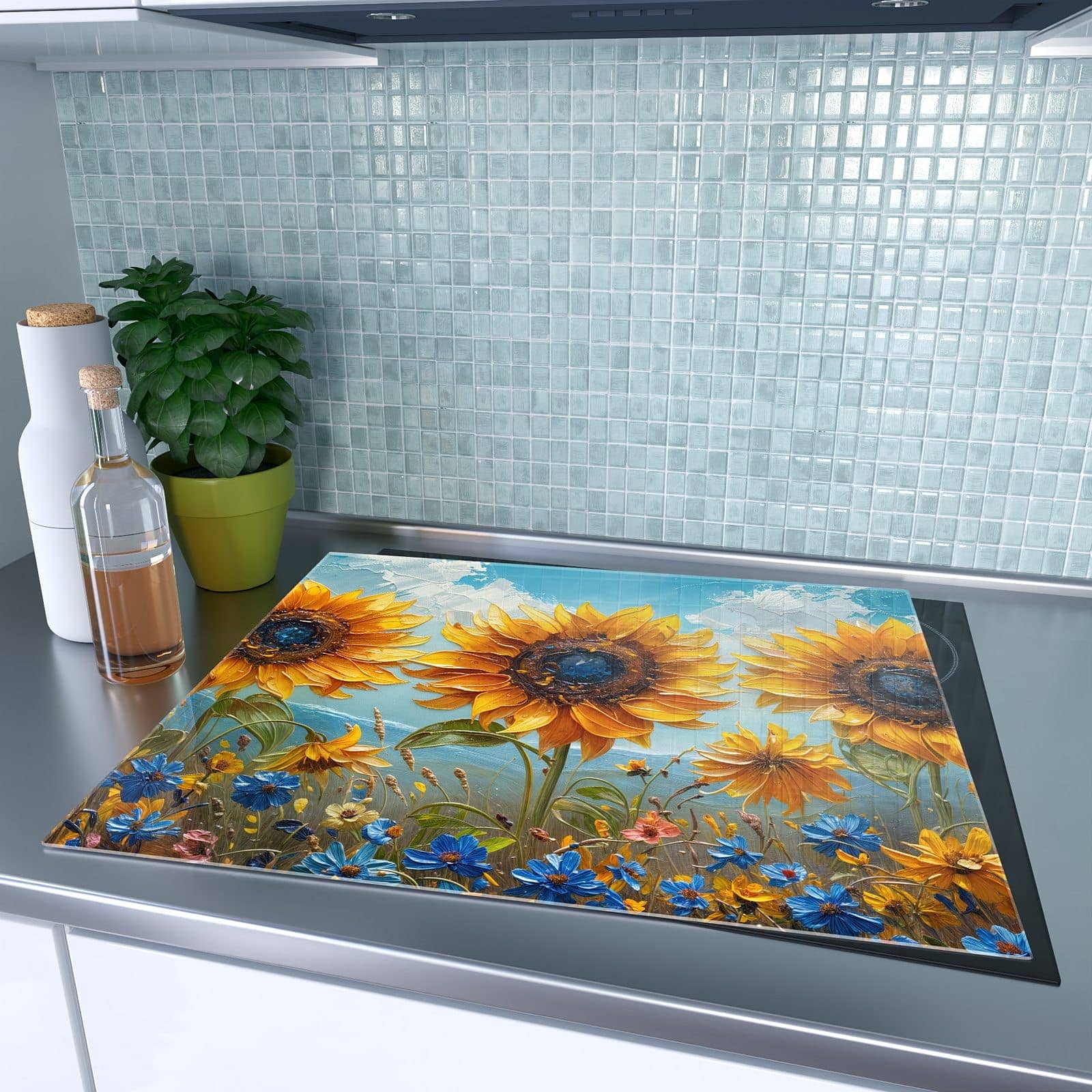 1-teilige Herdabdeckplatten mit Sonnenblumenwiese-Motiv auf dem Ceranfeld