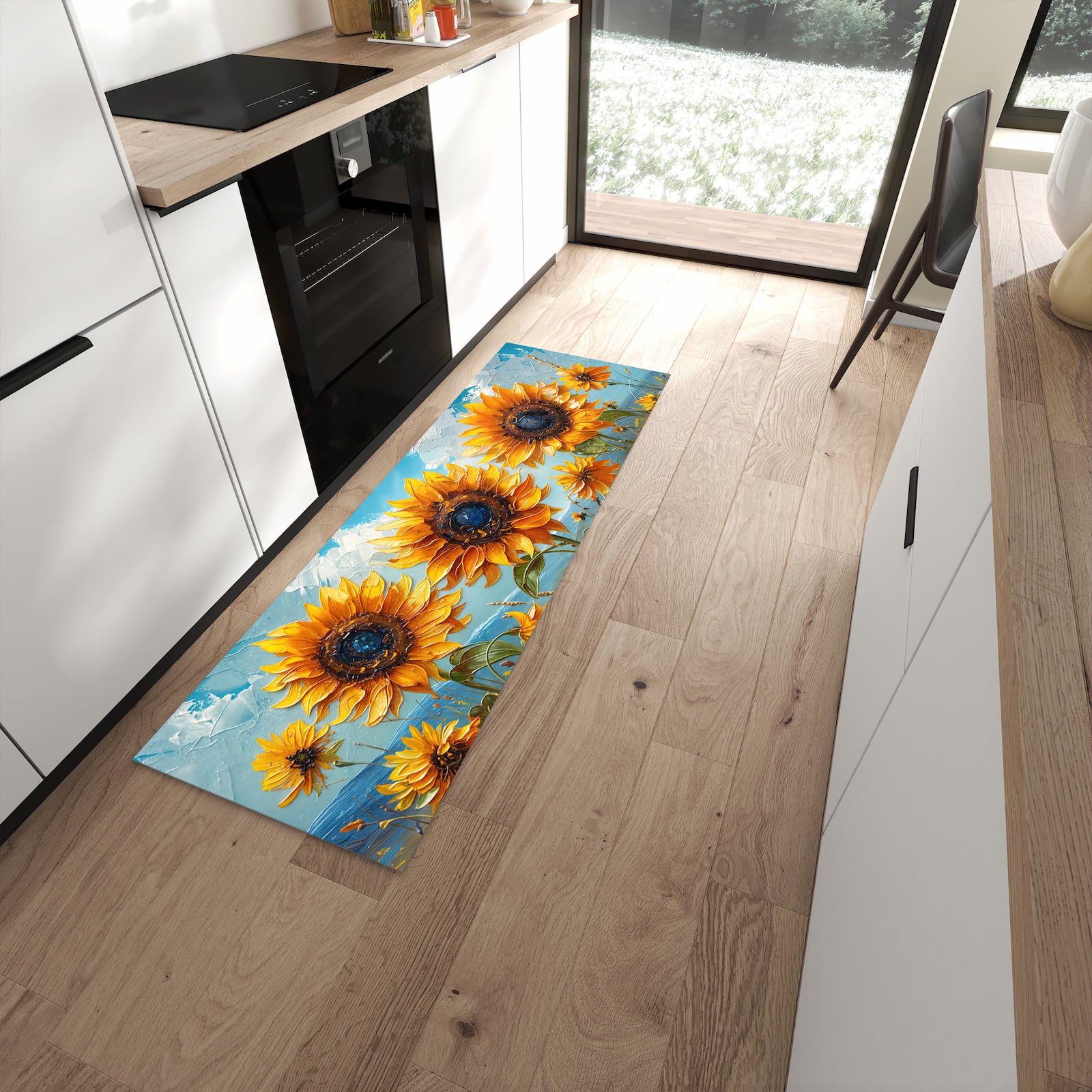 Strapazierfähiger Küchenvorleger mit Motiv Sonnenblumenwiese in moderner Küche