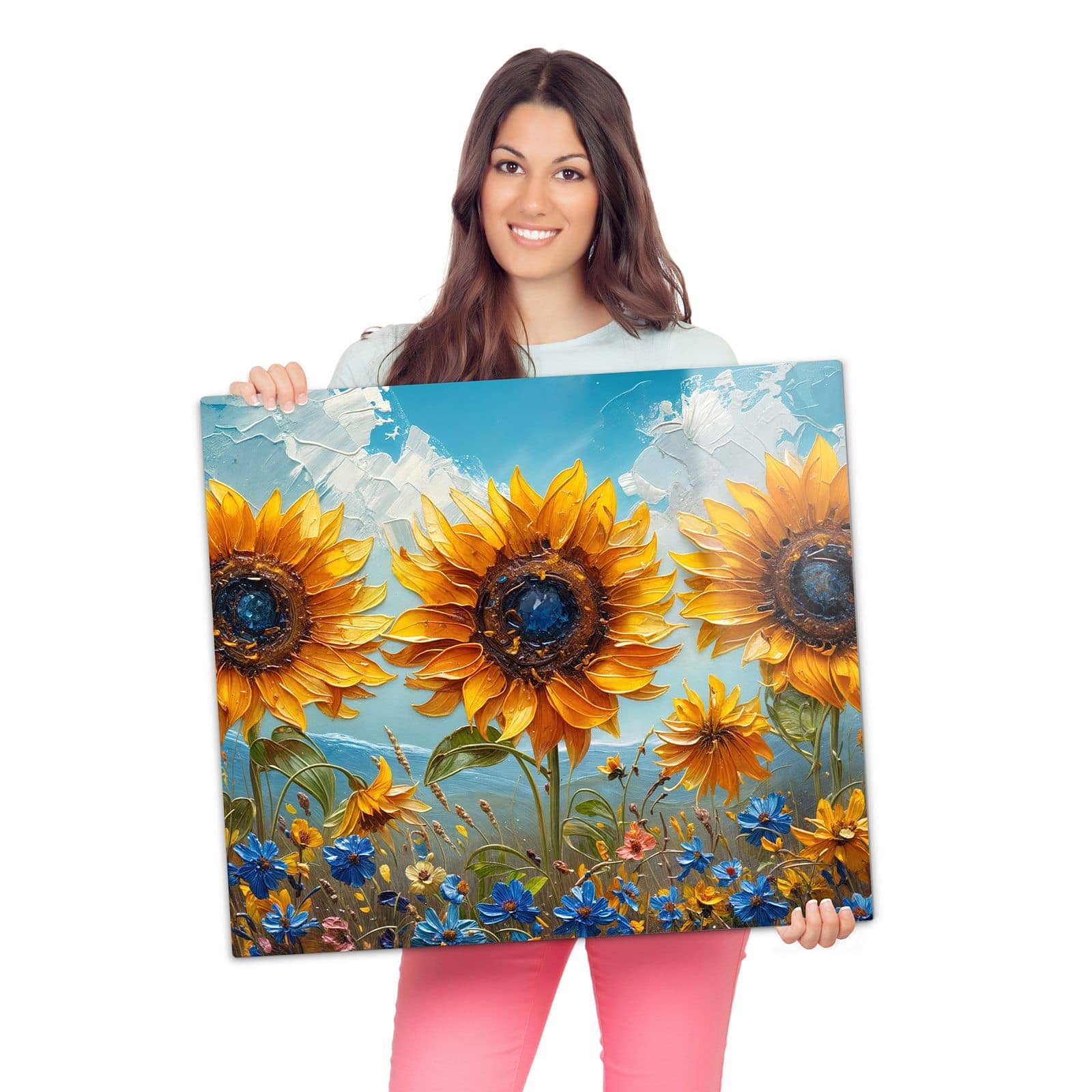 1-teilige Herdabdeckplatte aus Glas mit Sonnenblumenwiese-Motiv wird zur Größendarstellung gehalten