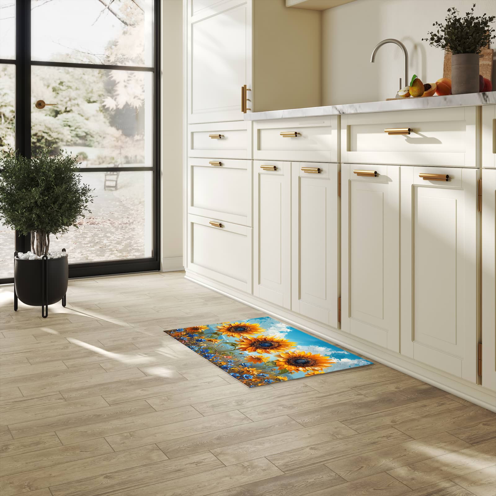 Pflegeleichter moderner Küchenläufer mit Motiv Sonnenblumenwiese in heller Küche