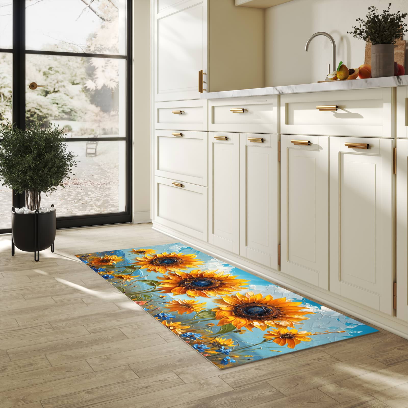 Komfortabler Küchenläufer nach Maß mit Motiv Sonnenblumenwiese in heller Küche