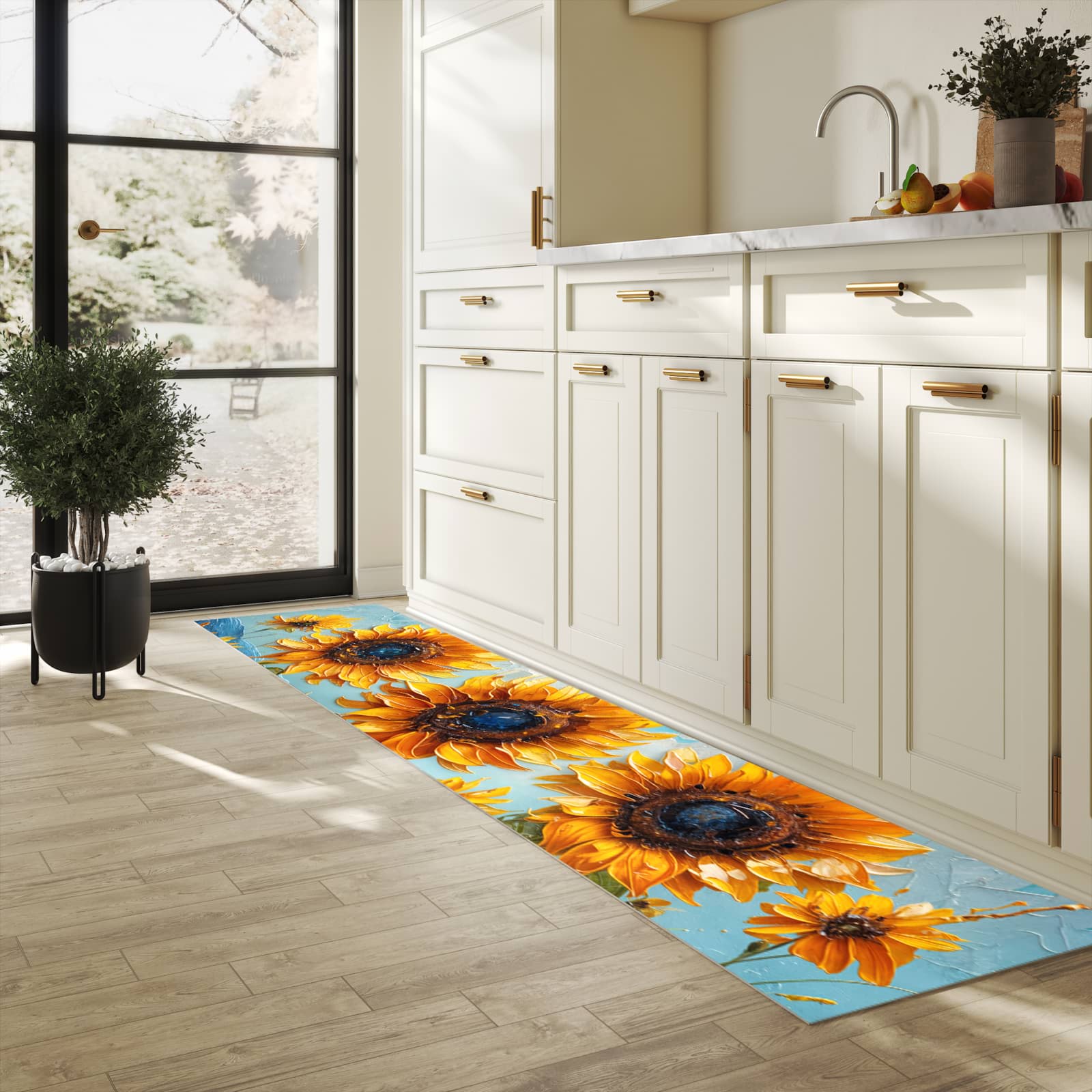Flacher rutschfester Küchenläufer mit Motiv Sonnenblumenwiese in heller Küche