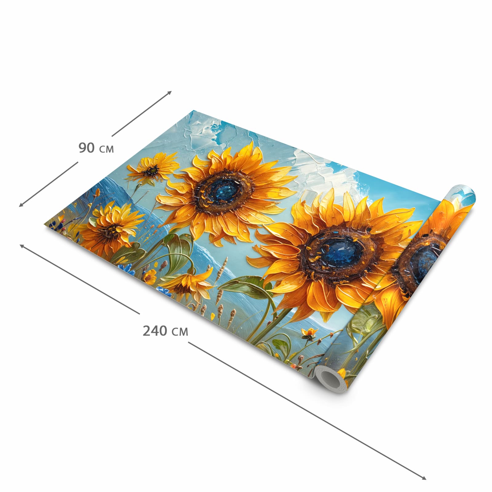 Geruchsneutraler rutschfester Küchenläufer mit Motiv Sonnenblumenwiese in der Größe 90x180 cm