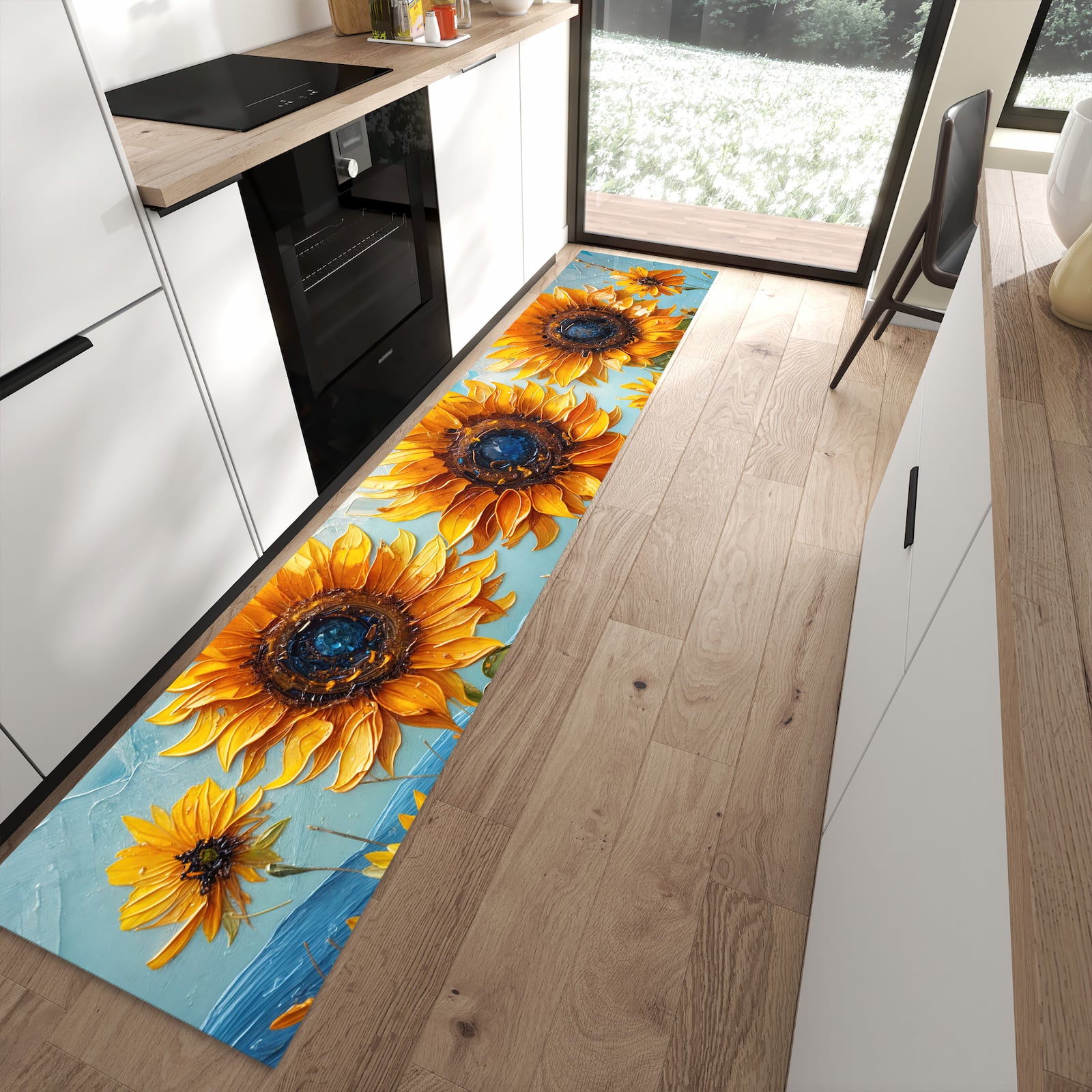 Rutschfester Küchenläufer mit Motiv Sonnenblumenwiese in moderner Küche