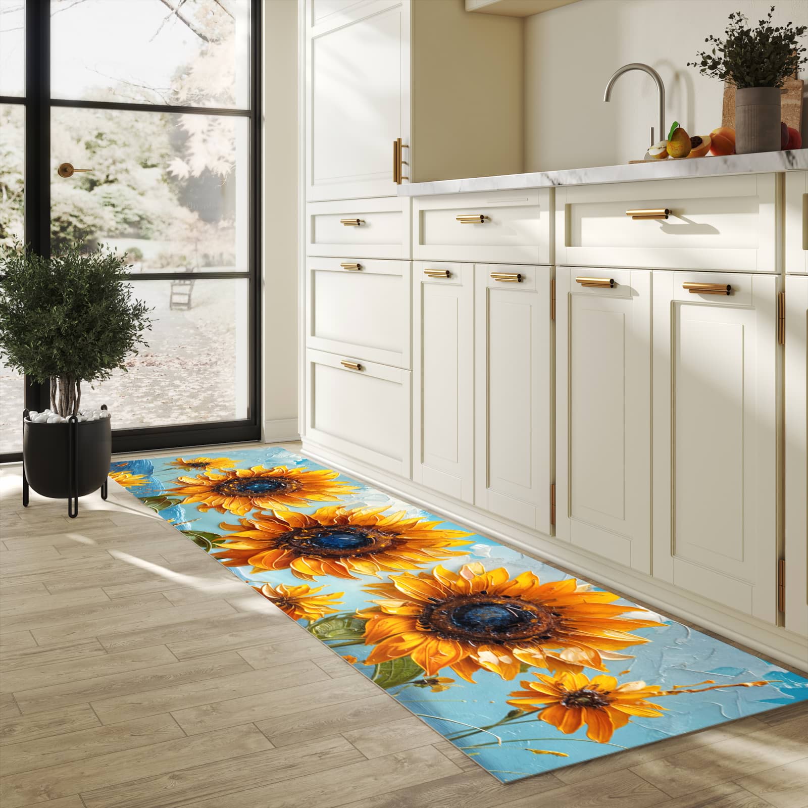 Abwaschbarer Küchenläufer mit Motiv Sonnenblumenwiese in heller Küche für angenehme Haptik