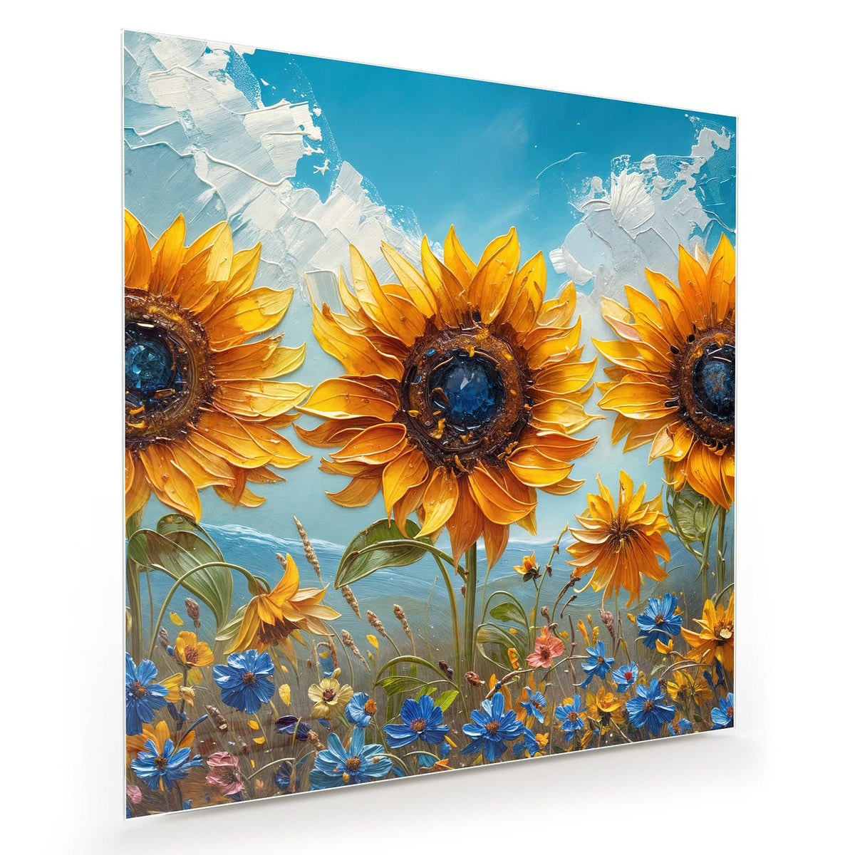 Pastos gemalte Sonnenblumen über einer Wiese mit blauen Kornblumen unter blauem Himmel