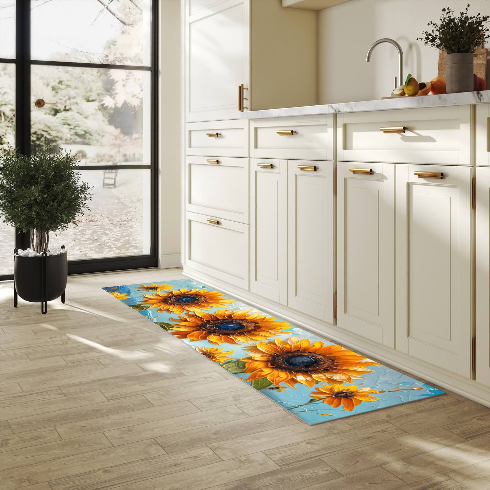 Geruchsneutraler rutschfester Küchenläufer mit Motiv Sonnenblumenwiese in heller Küche