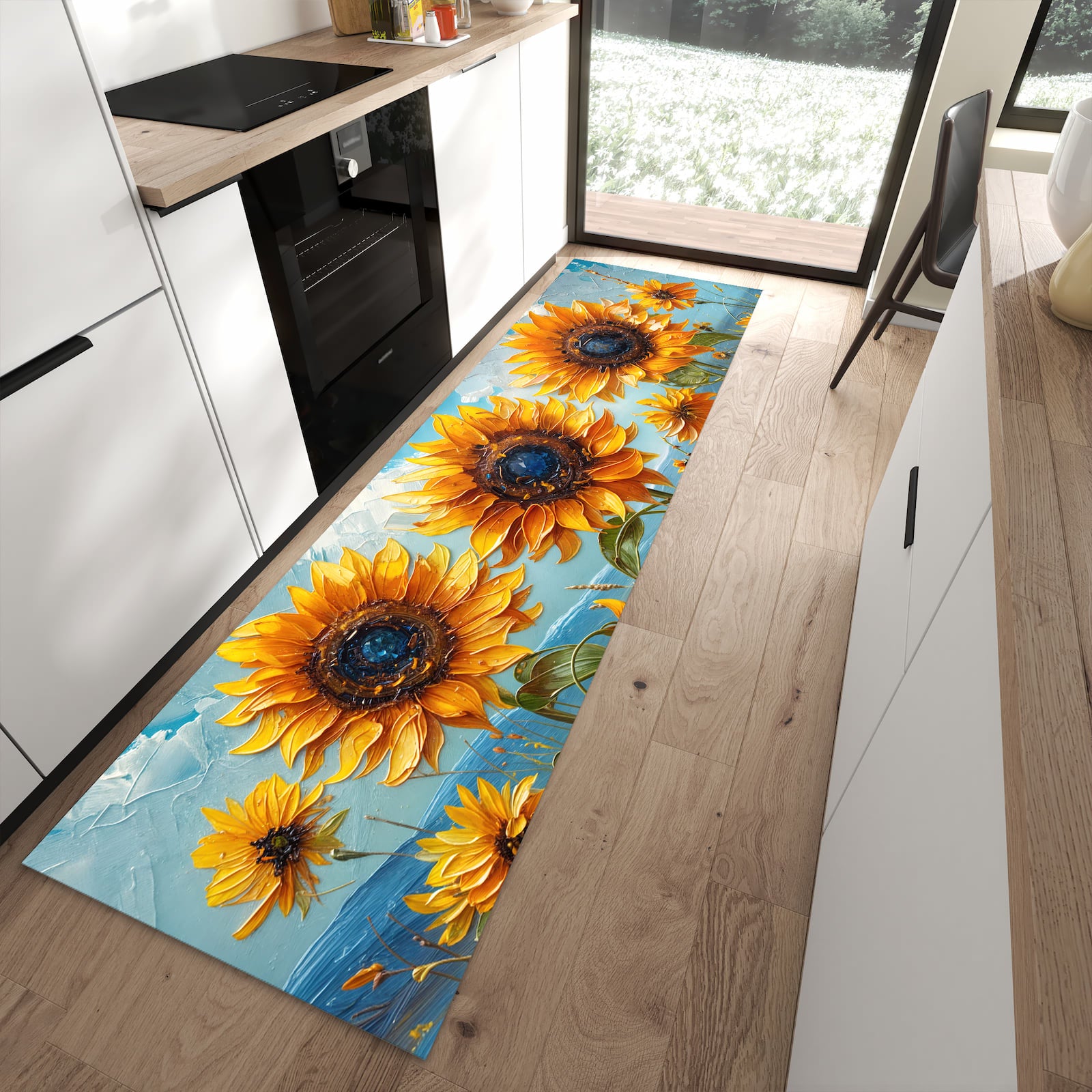 Bodenschonender langer Teppich mit Motiv Sonnenblumenwiese in moderner Küche