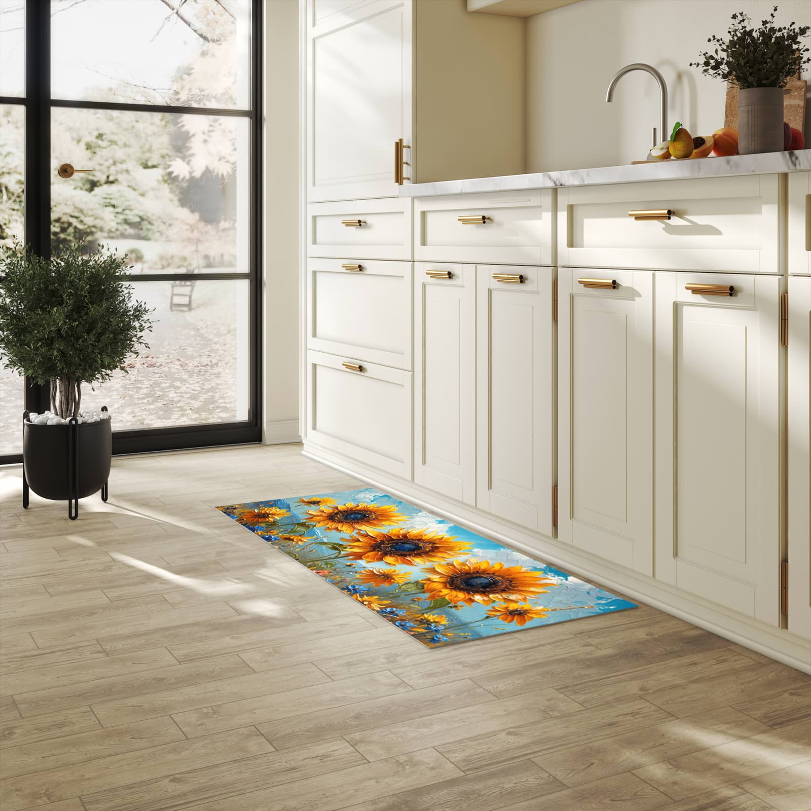 Fleckenresistenter Küchenläufer mit Motiv Sonnenblumenwiese in heller Küche