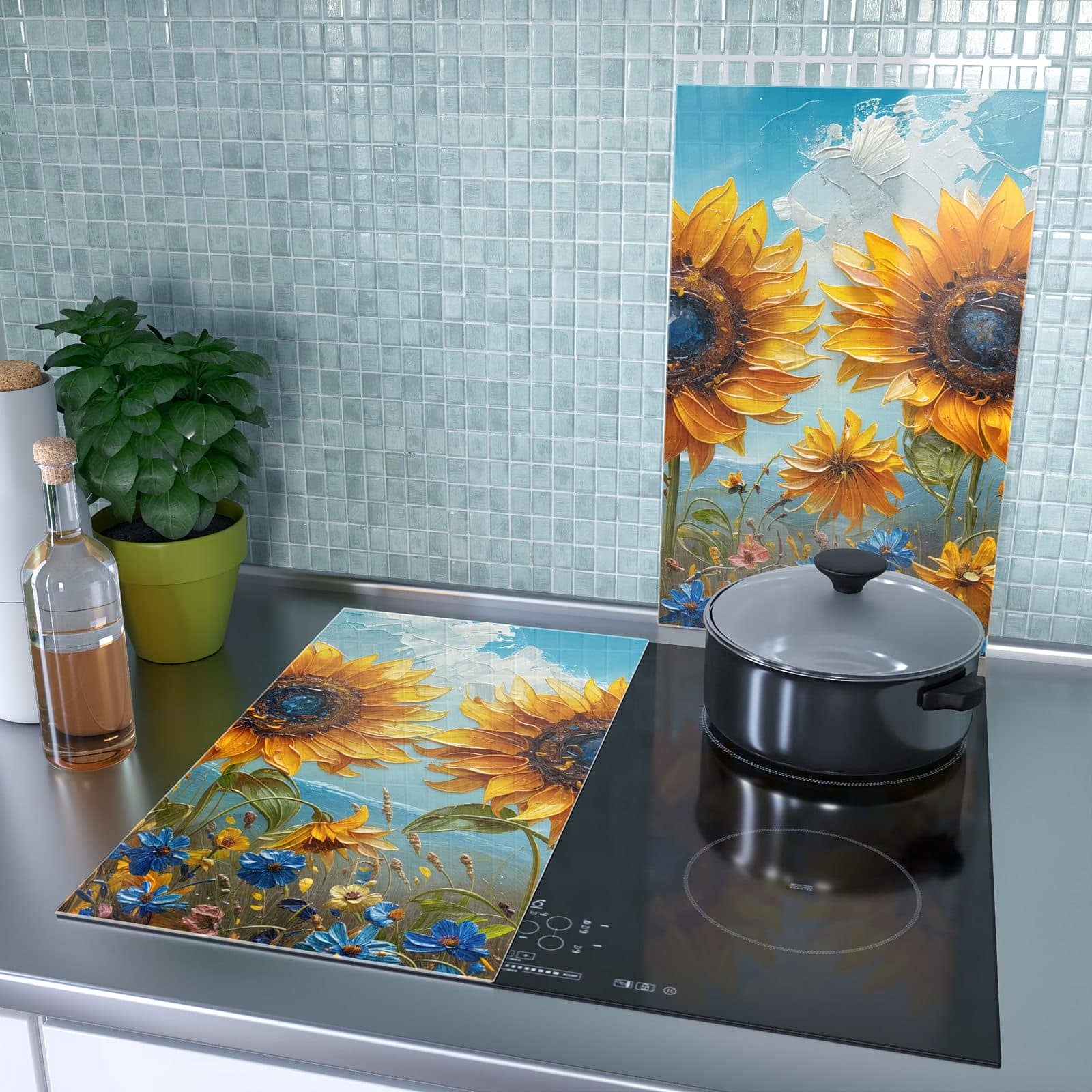2-teilige Herdabdeckung aus Holz mit Sonnenblumenwiese-Motiv als Spritzschutz hinter dem Kochfeld