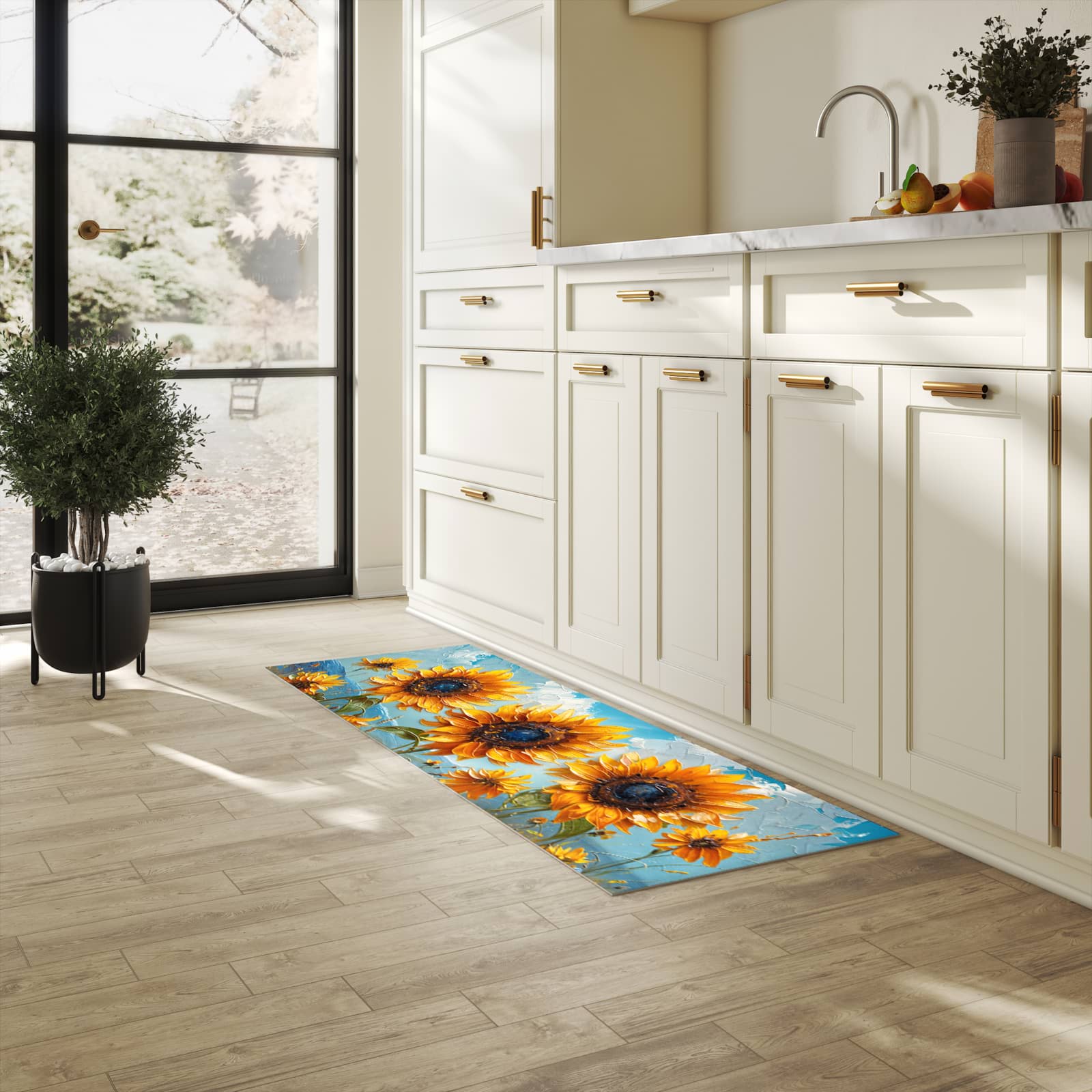 Schmutzabweisender rutschfester Küchenläufer mit Motiv Sonnenblumenwiese in heller Küche