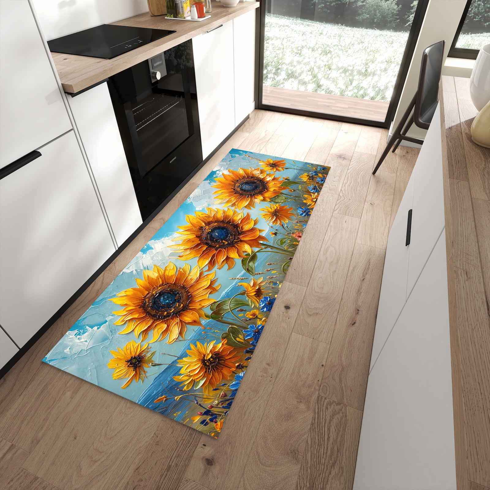 Bodenschonender waschbarer Läufer für die Küche mit Motiv Sonnenblumenwiese in moderner Küche