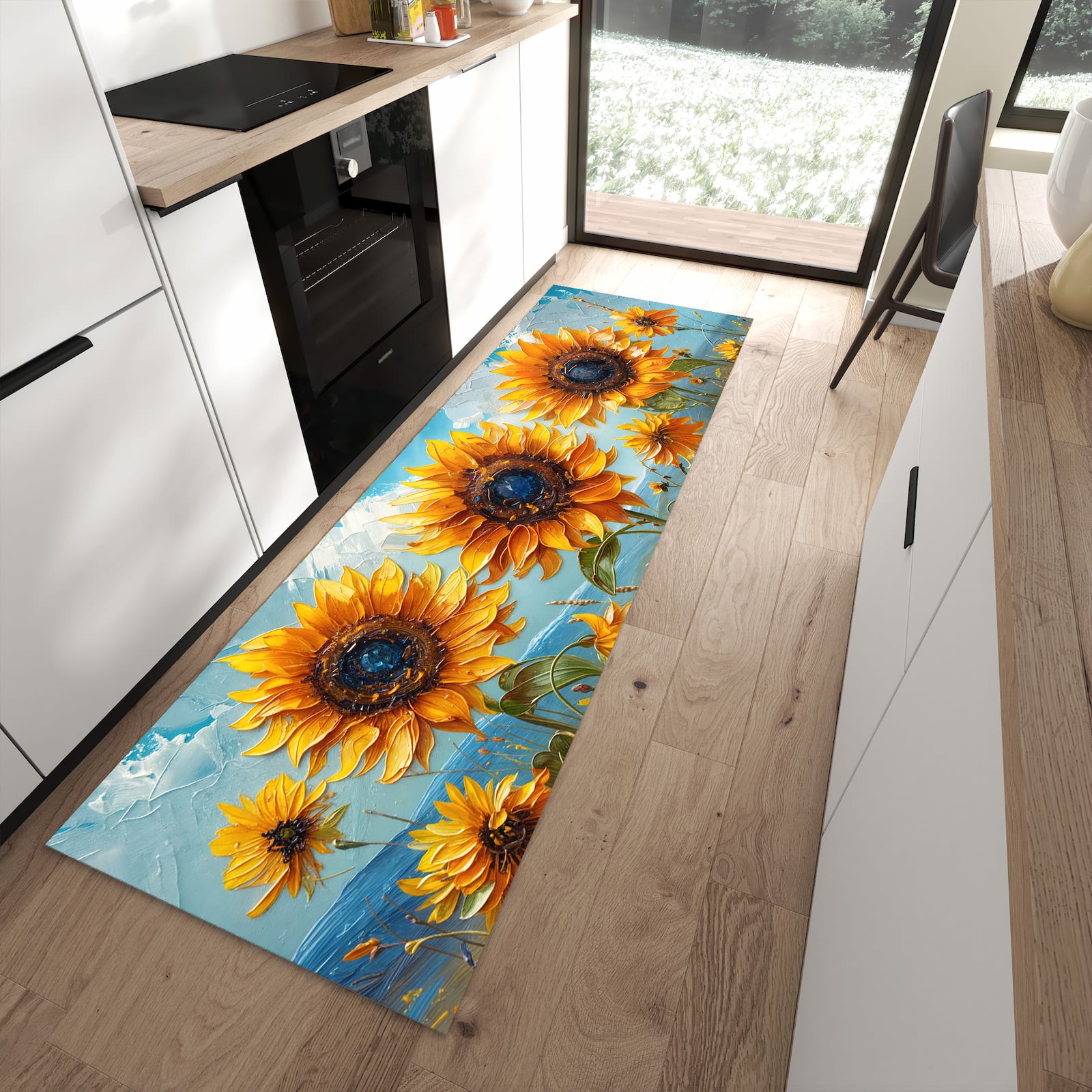 Waschbarer Küchenläufer mit Motiv Sonnenblumenwiese für Ordnung in moderner Küche
