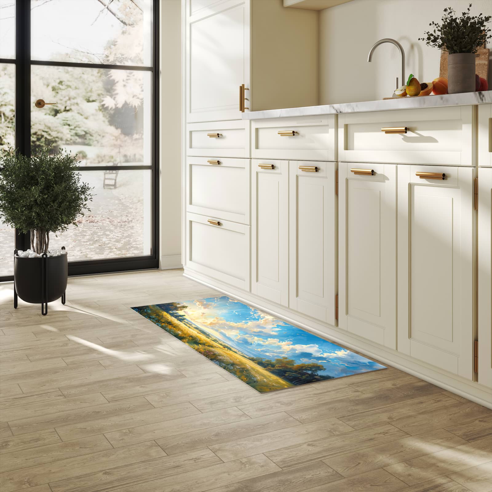 Feuchtigkeitsresistenter Küchenteppich mit Motiv Landschaft mit Wolken in heller Küche