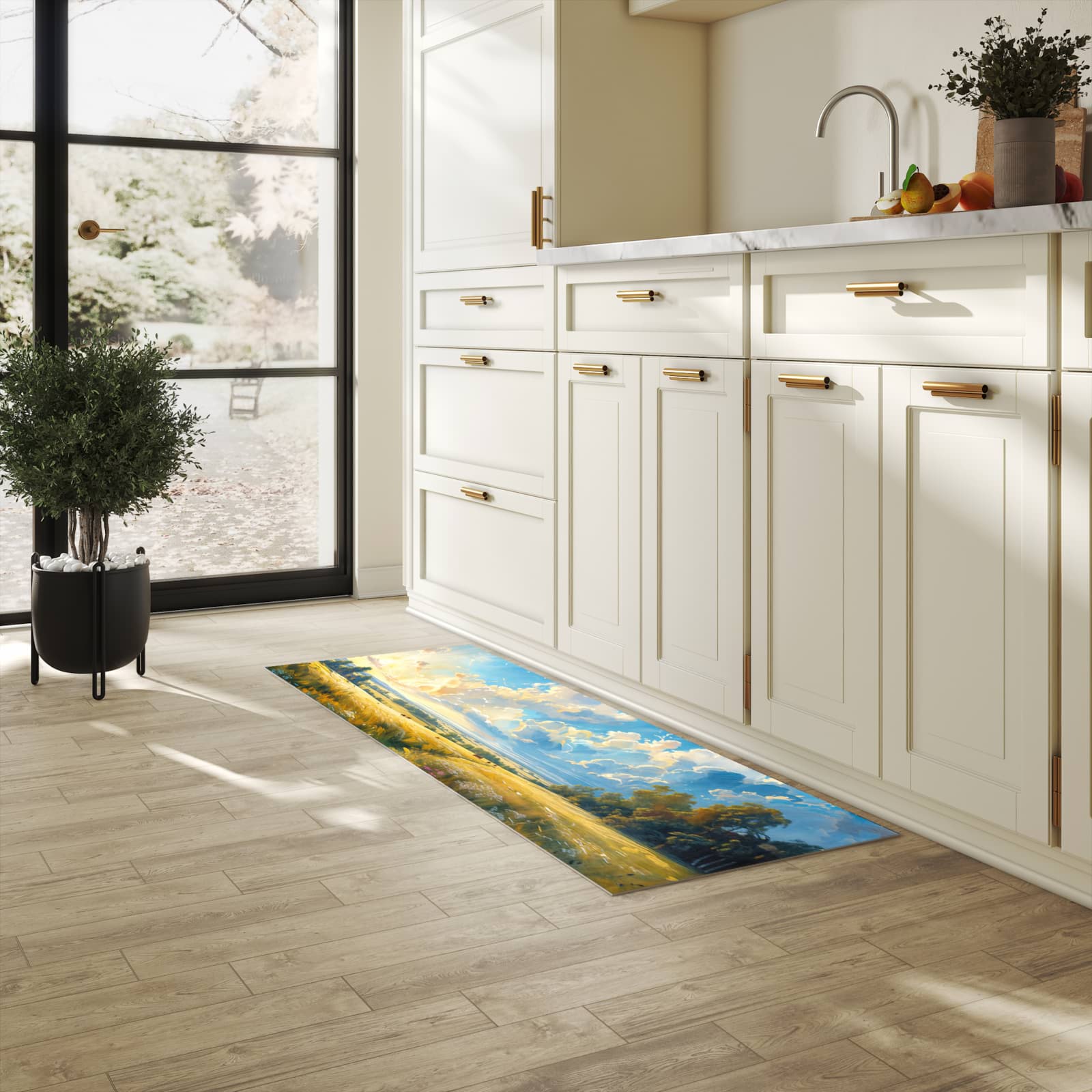 Bodenschonender Küchenteppich mit Motiv Landschaft mit Wolken in heller Küche