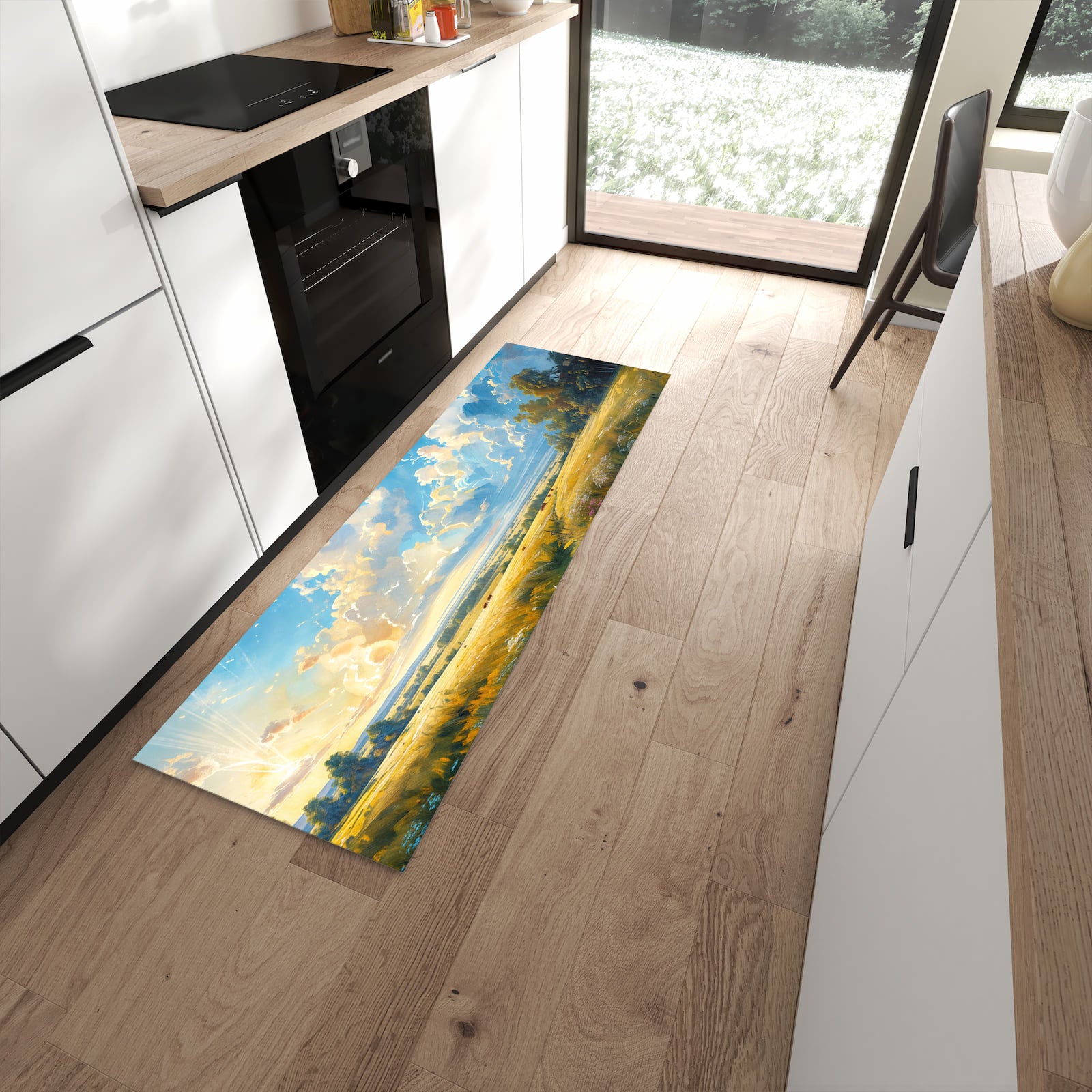 Komfortabler Küchenteppich mit Motiv Landschaft mit Wolken in moderner Küche - abwaschbar