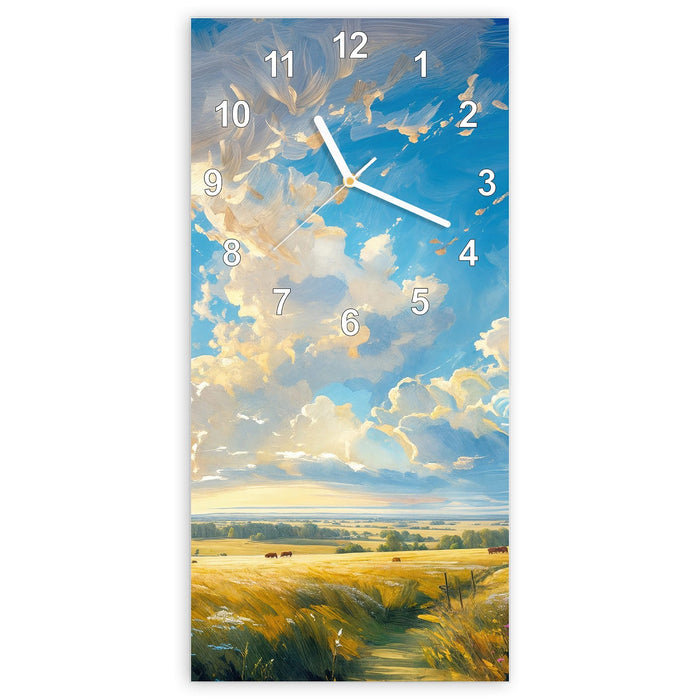 Wanduhr Landschaft mit Wolken aus Glas – Hochformat 30 × 60 cm mit Ziffernblatt Modern