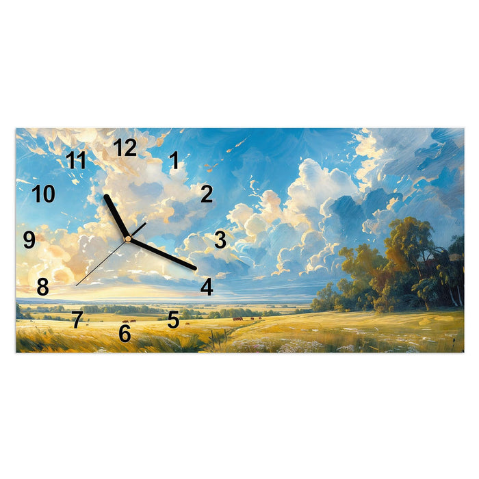 Wanduhr Landschaft mit Wolken aus Glas – Querformat 60 × 30 cm mit Ziffernblatt Modern