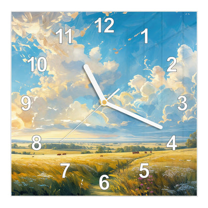 Wanduhr Quadratisch mit dem Motiv Wolkenhimmel über Feld