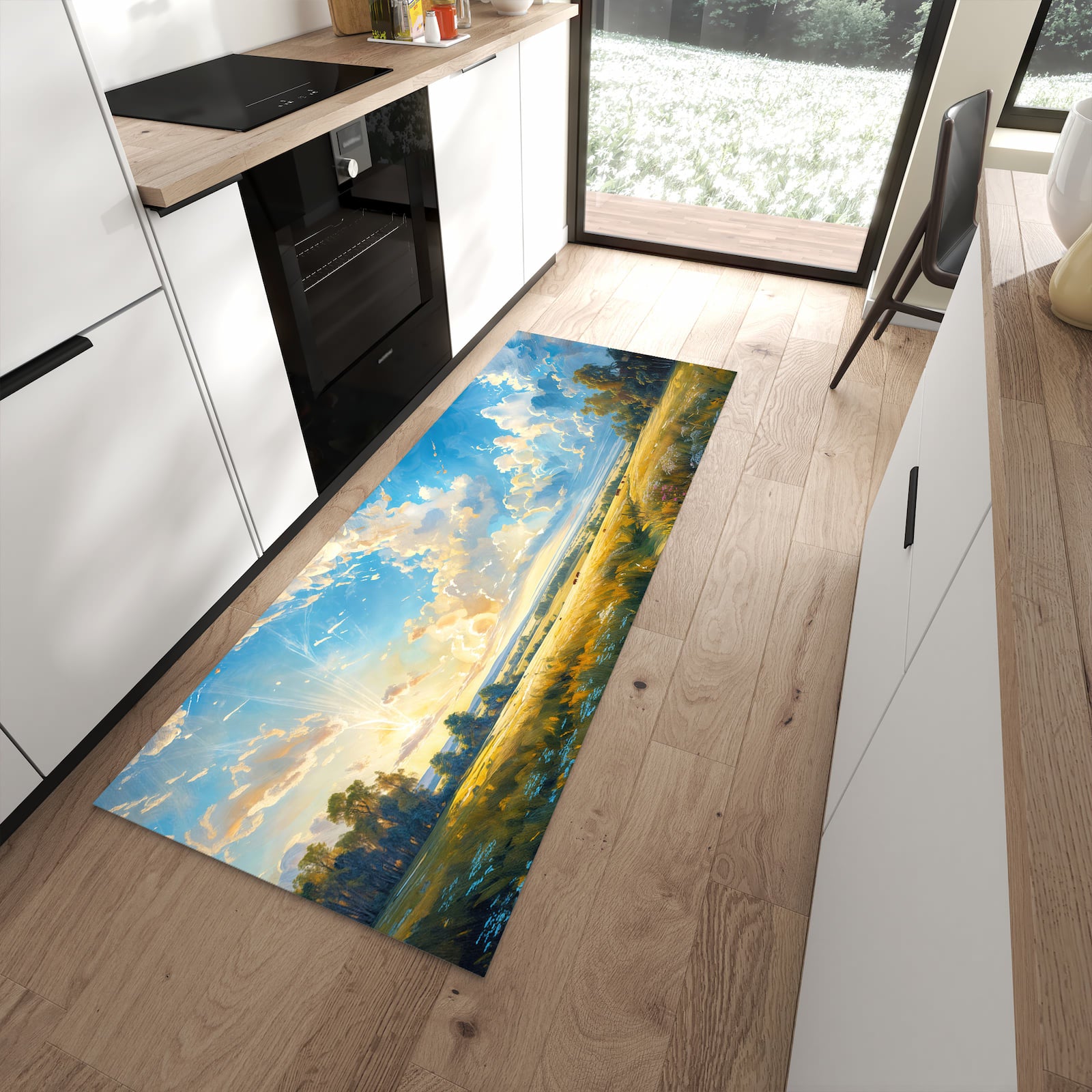 Langlebiger Küchenteppich mit Motiv Landschaft mit Wolken in moderner Küche