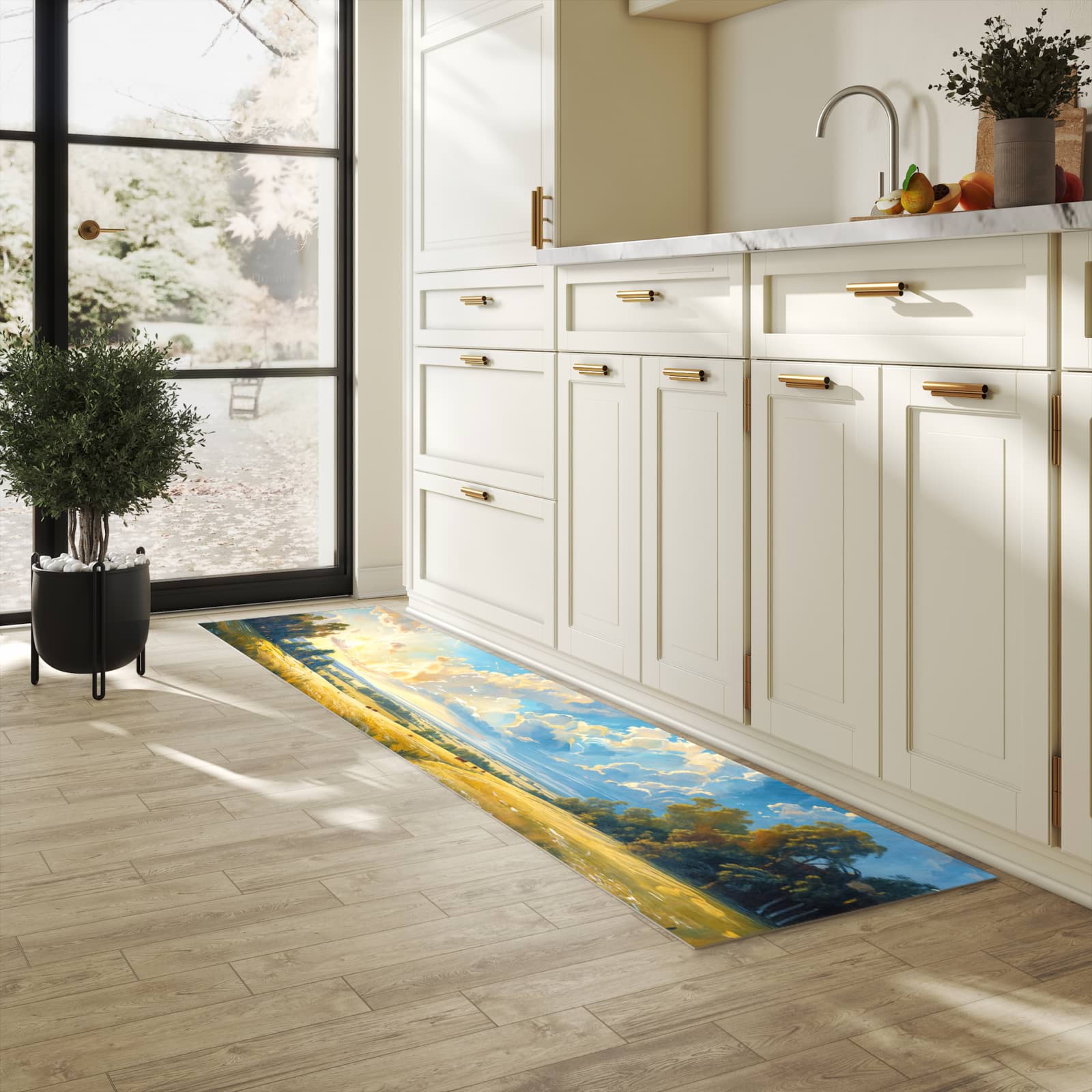 Bodenschonender rutschfester Küchenteppich mit Motiv Landschaft mit Wolken in heller Küche
